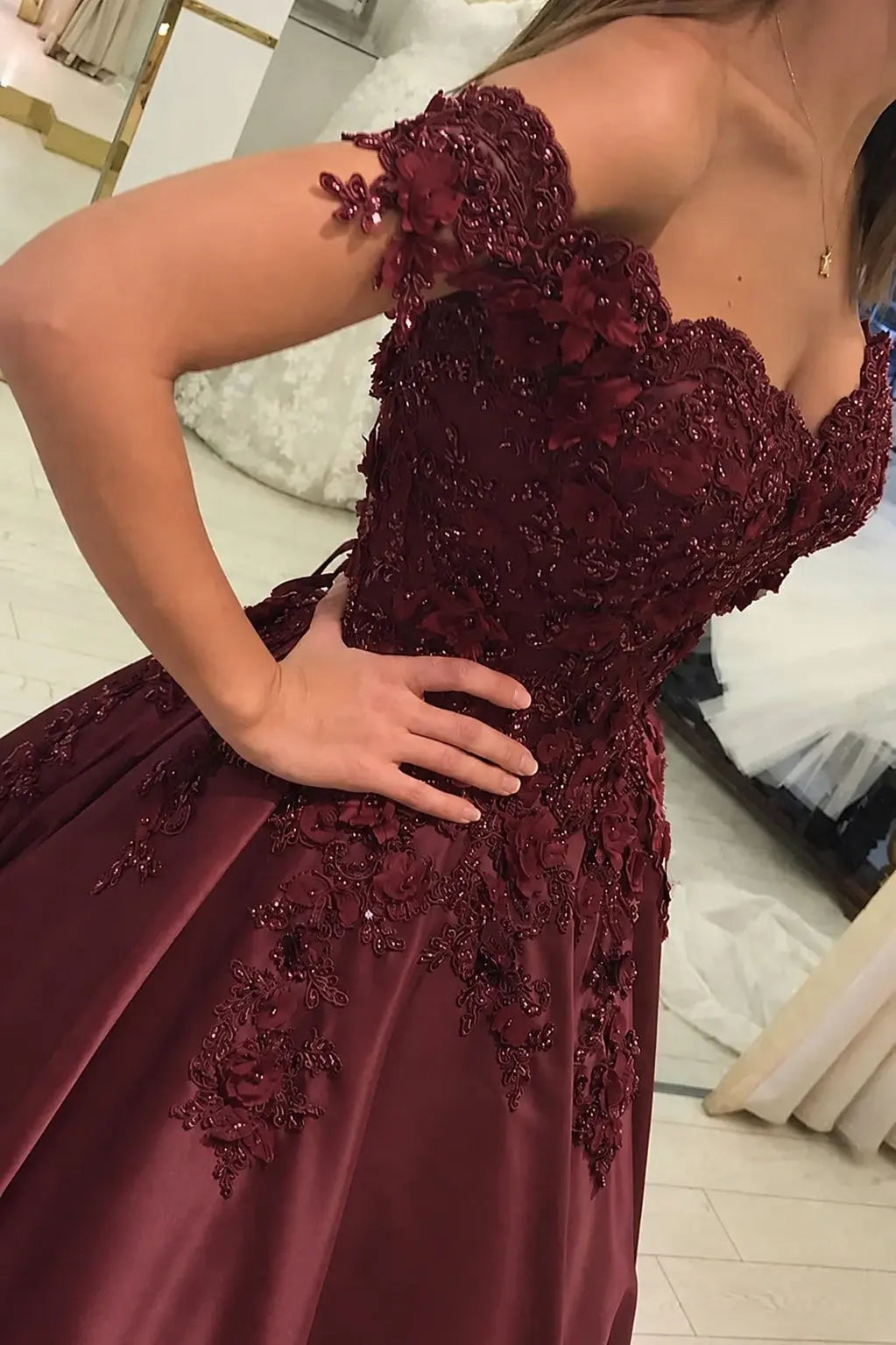 Appliqued Off-The-Shoulder Satin Princess Prom Dress With Beads