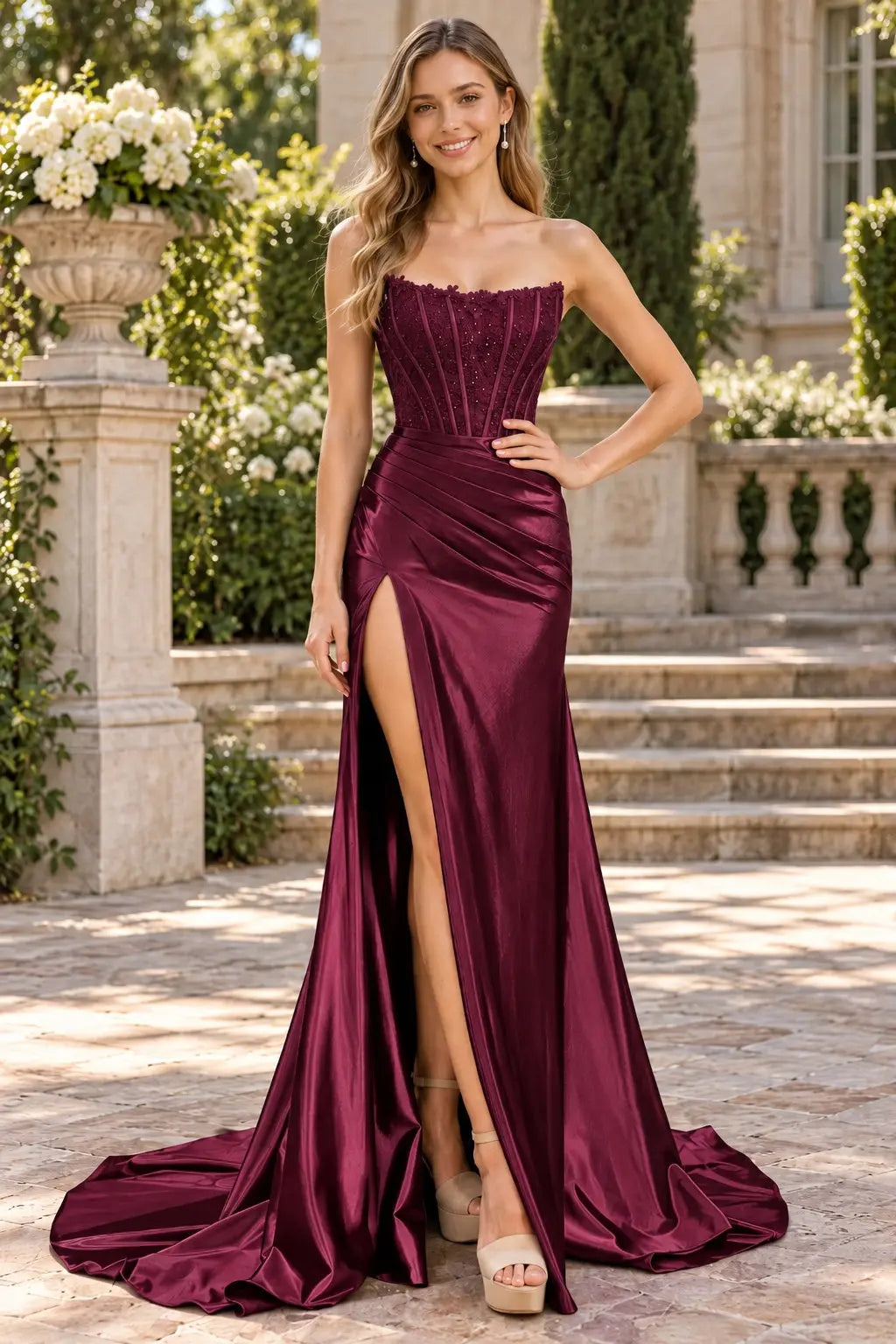 Royal Blue Satin Strapless Lace Corset Prom Dress with Thigh-High Slit