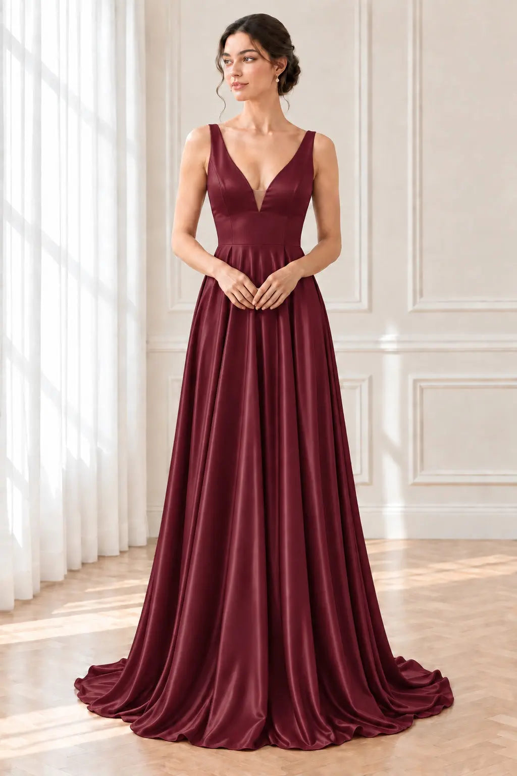 A-line/Princess V Neck Sleeveless Sweep Train Charmeuse Prom Dresses