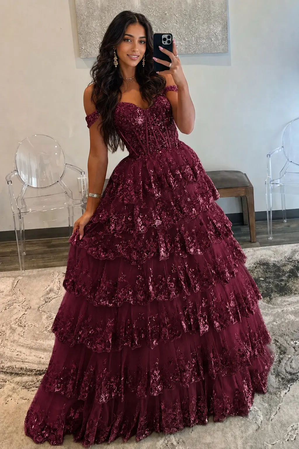 A-Line/Princess Princess Off the Shoulder Sequined Lace Prom Dress KAIDRESS