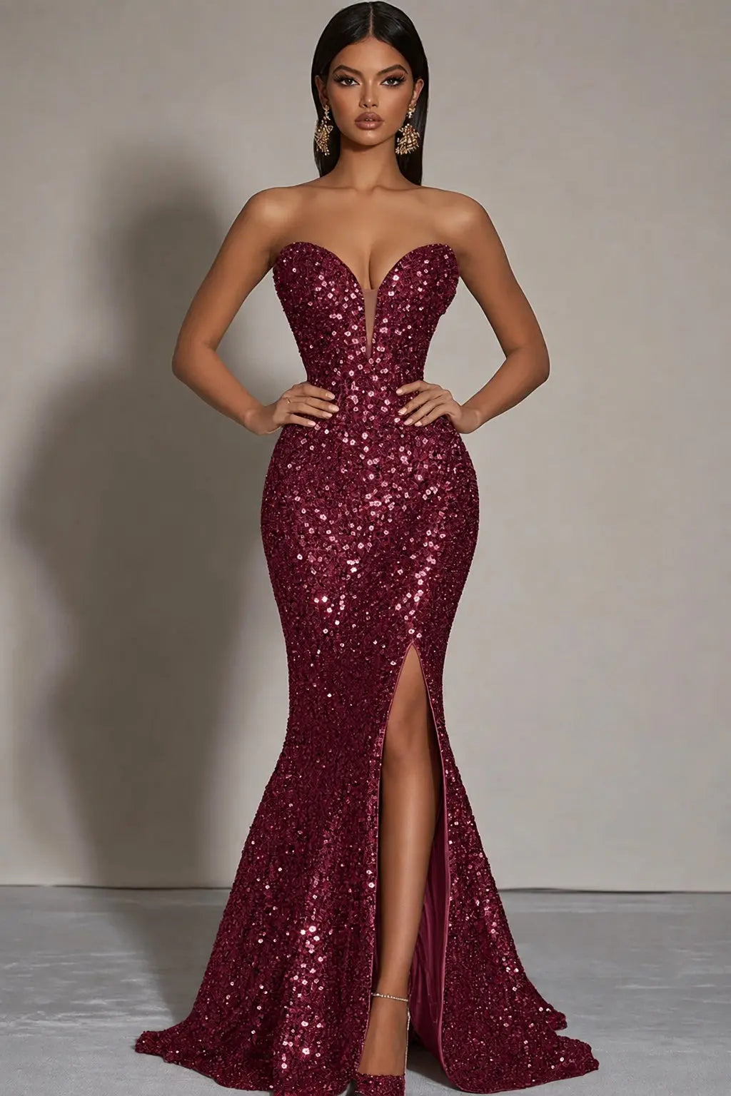 Sparkly Gold Sequins Mermaid Strapless Long Formal Dress with Slit Kaidress