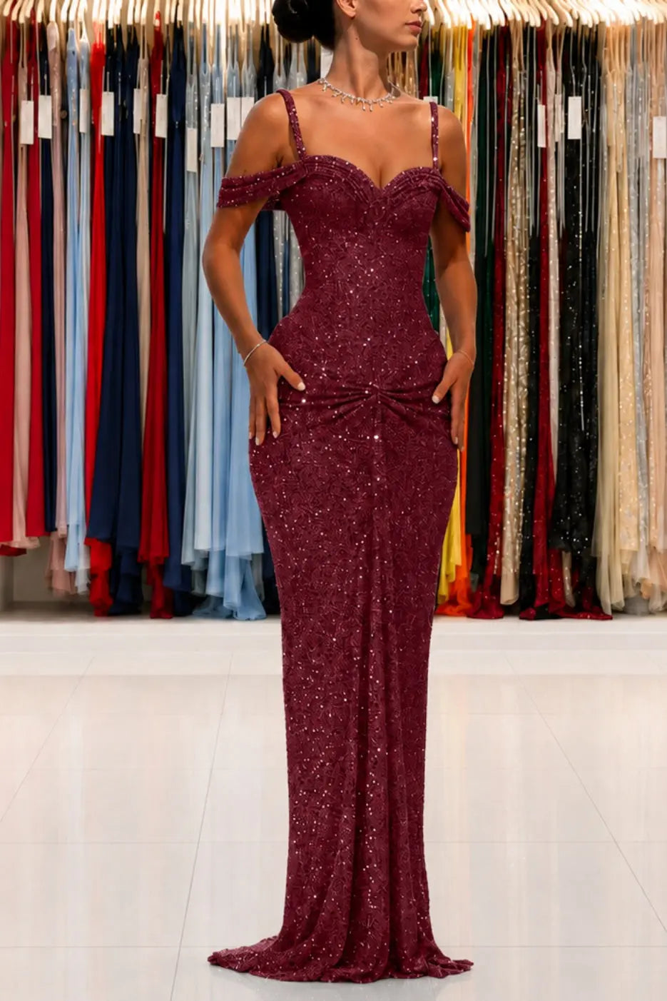 Luxury Sparkly Lace Off-Shoulder Long Beaded Prom Gown with Slender Straps KAIDRESS