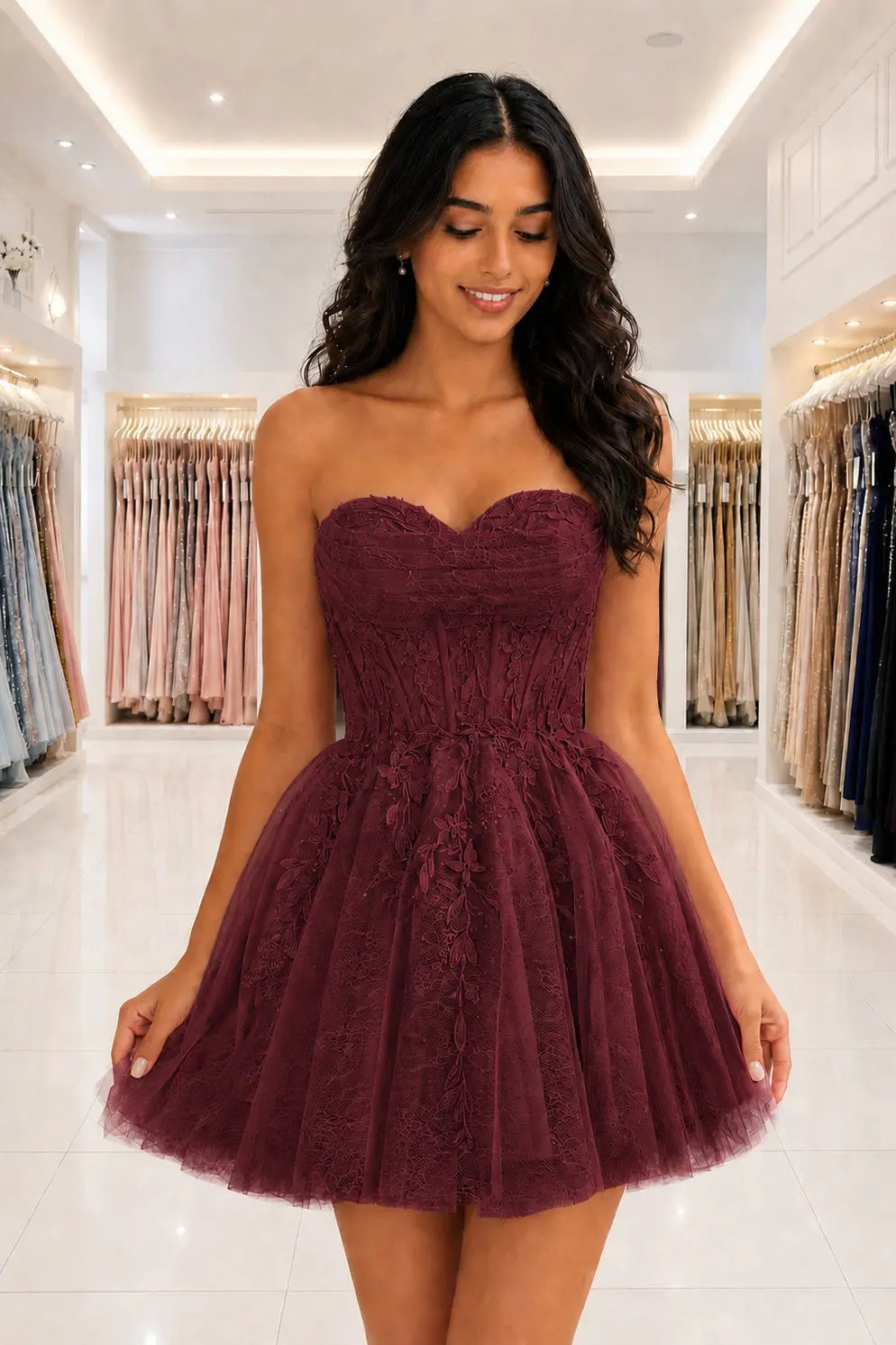 Strapless Beaded Lace Corset A-Line Mini Homecoming Dress KAIDRESS