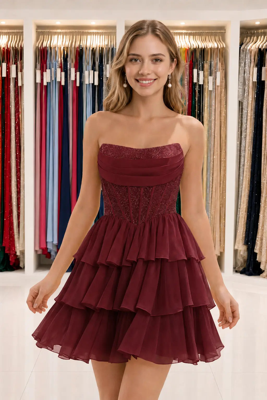 Daffodil Strapless Corset Tiered Ruffle Mini Homecoming Dress With Beading KAIDRESS