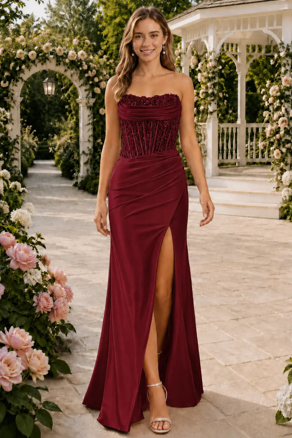 Sheath/Column Beaded Strapless Applique Formal Dress with Slit KAIDRESS