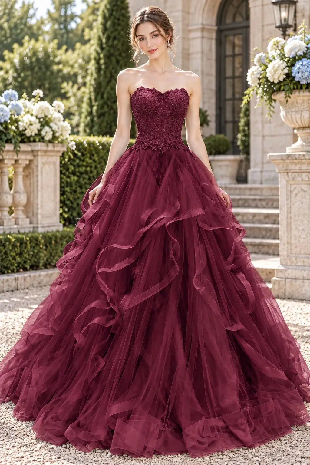 Blue Tulle Lace Long Prom Dresses Princess Layered Formal Evening Gowns