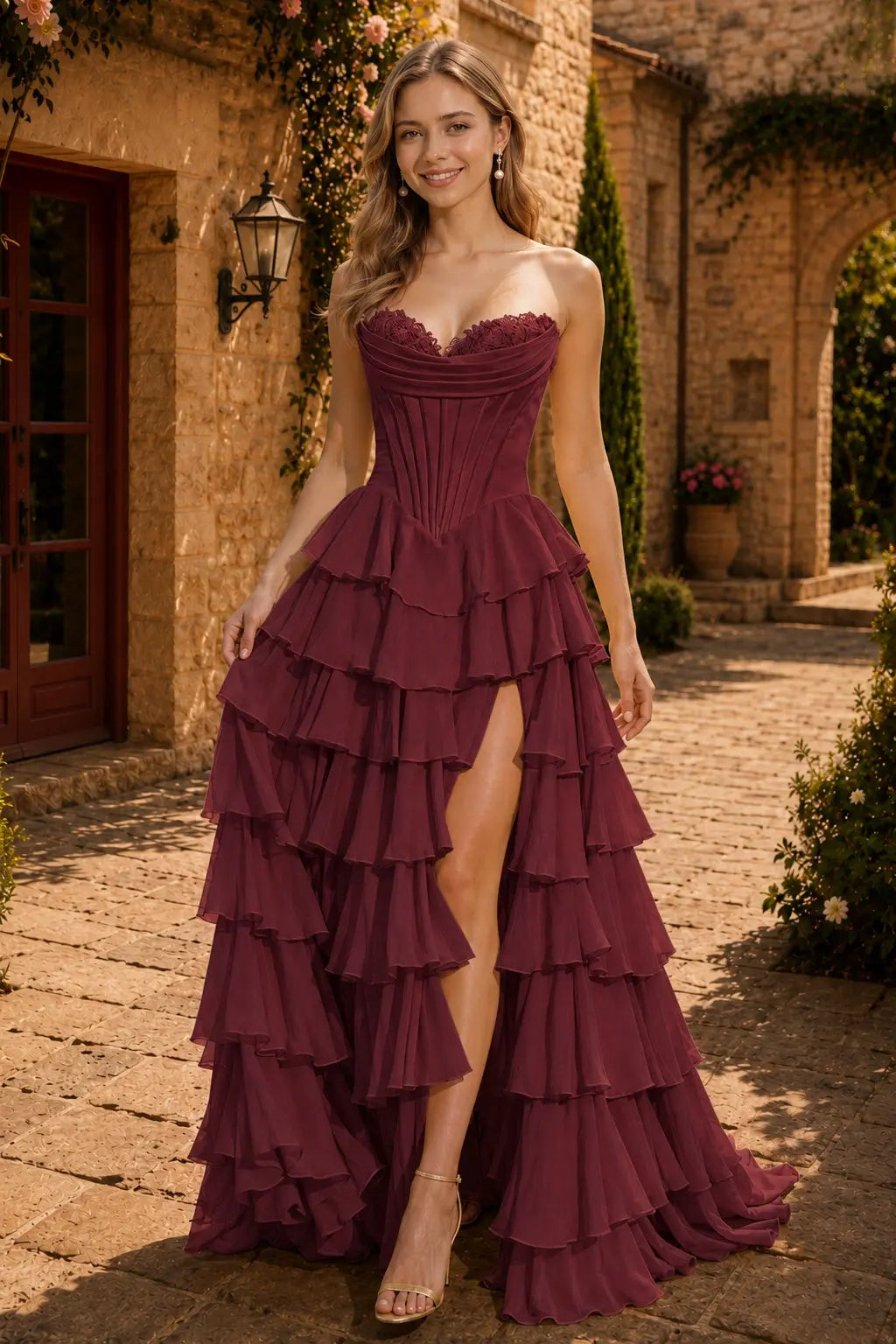 A Line Blue Sweetheart Chiffon Ruffled Long Corset Prom Dress with Slit KAIDRESS