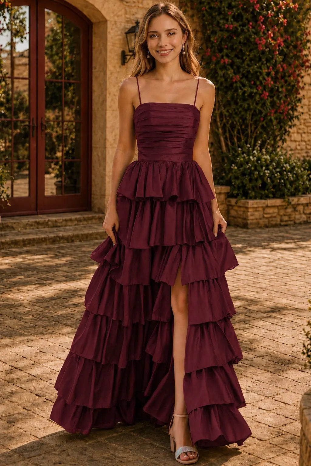 A-line Square Neckline Spaghetti Straps Floor-Length Taffeta Prom Dress with Ruffles Slit KAIDRESS