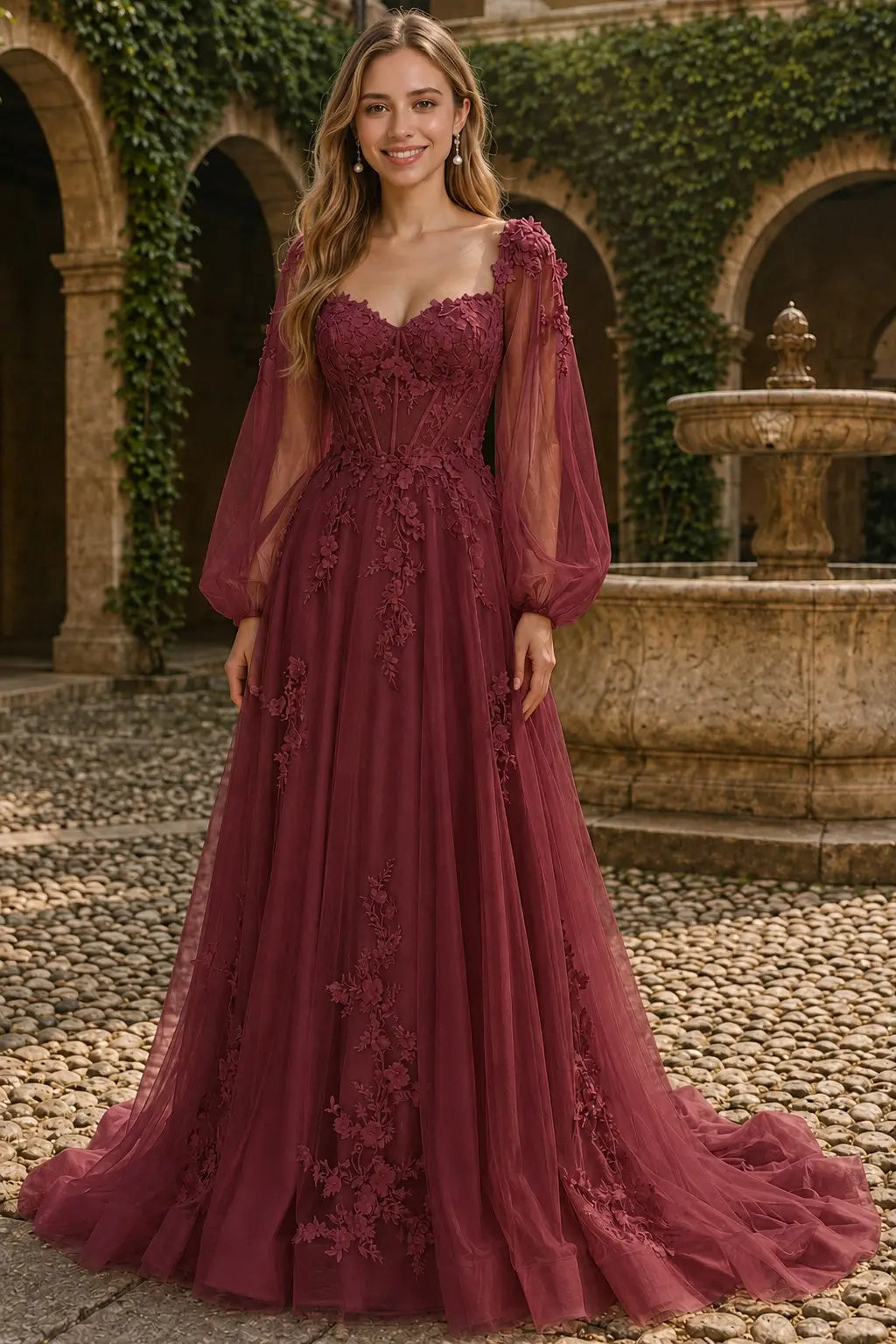 A-line 3D Floral Lace Applique Tulle Long Sleeves Prom Dress