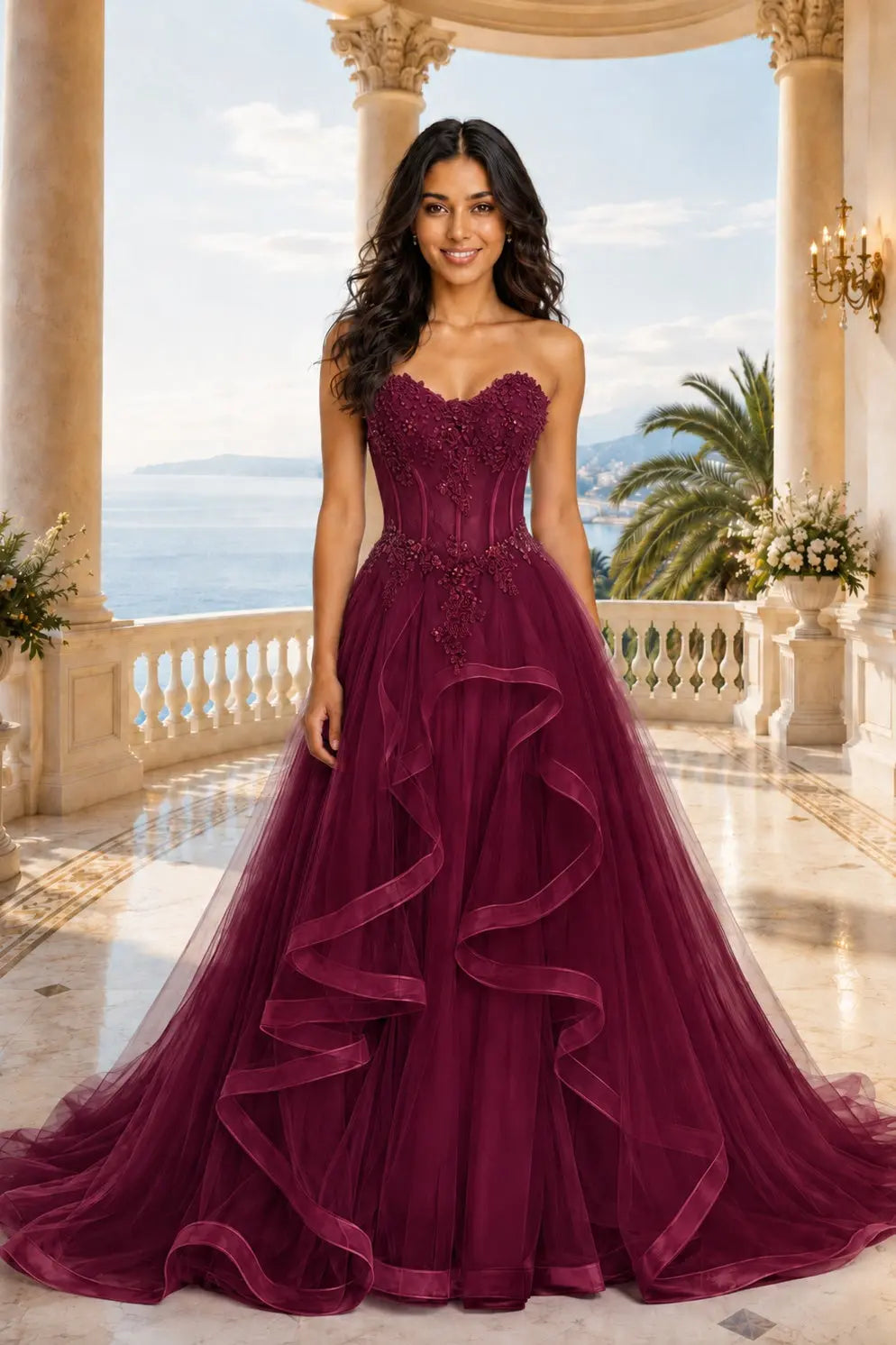 A-line/Princess Sweetheart Sleeveless Sweep Train Tulle Prom Dresses With Beading Appliqued KAIDRESS