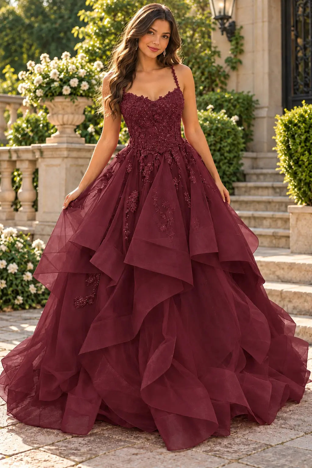 A-line Princess V Neck Floor-Length Tulle Prom Dresses with Appliqued