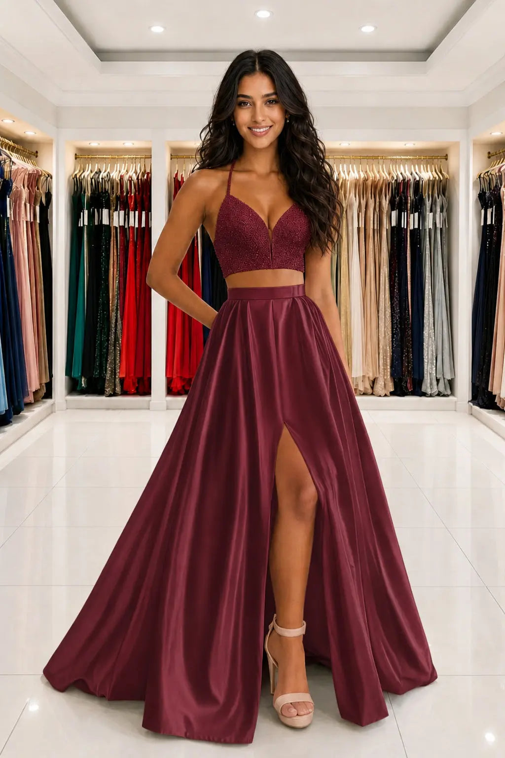 Satin Two Piece Long Modest White Prom Dress Split Formal Evening Gowns Kaidress