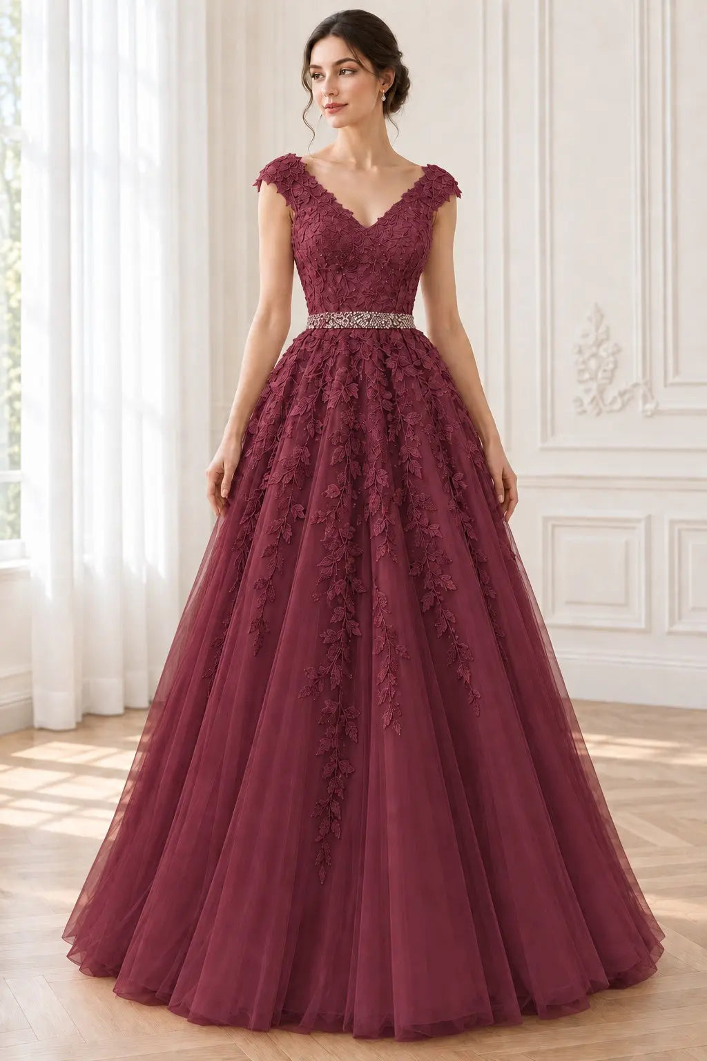 A-Line/Princess V-Neck Sleeveless Floor-Length Applique Tulle Prom Dresses
