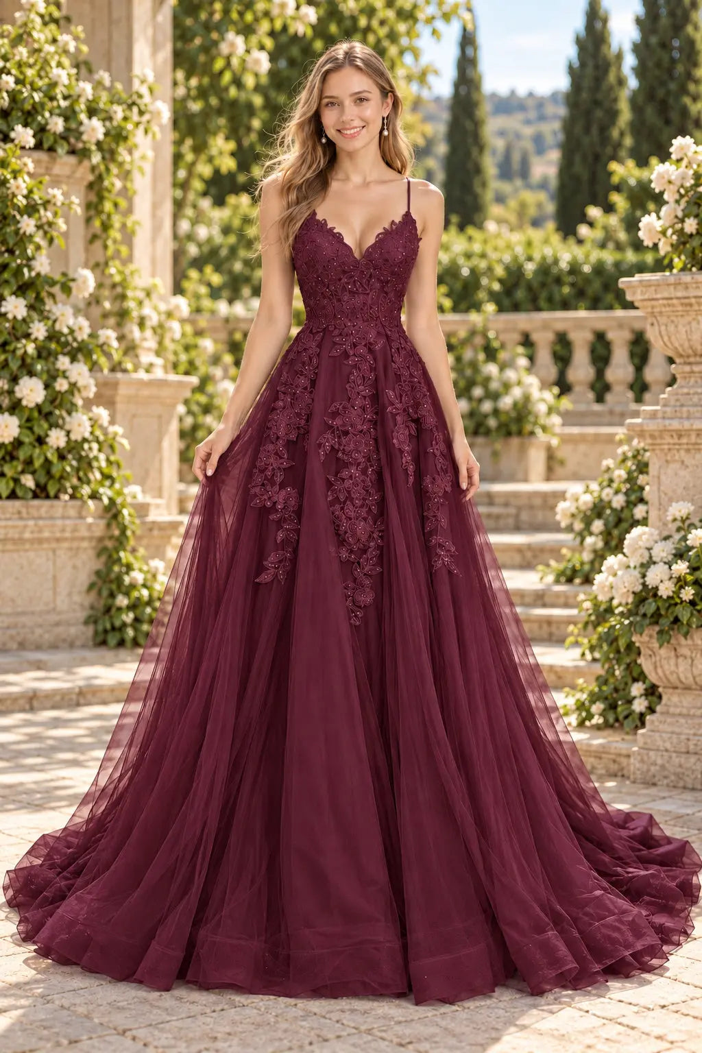 A-line V Neck Spaghetti Straps Sweep Train Tulle Prom Dress With Appliqued