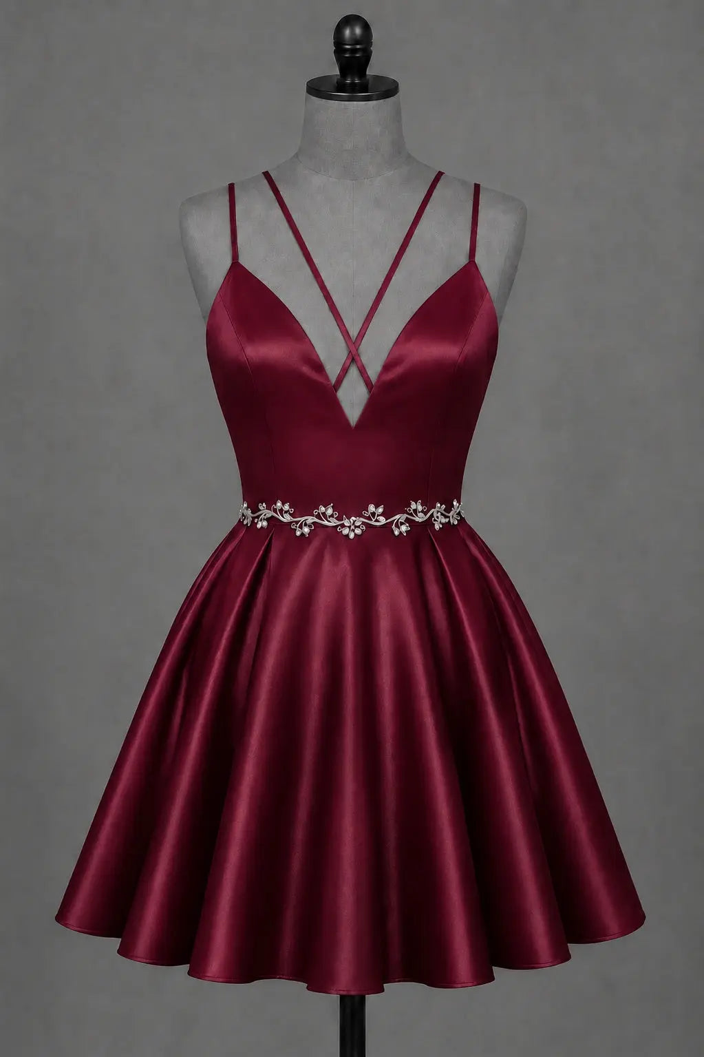 Red V Neck Satin Mini A Line Homecoming Dress With Pockets KAIDRESS