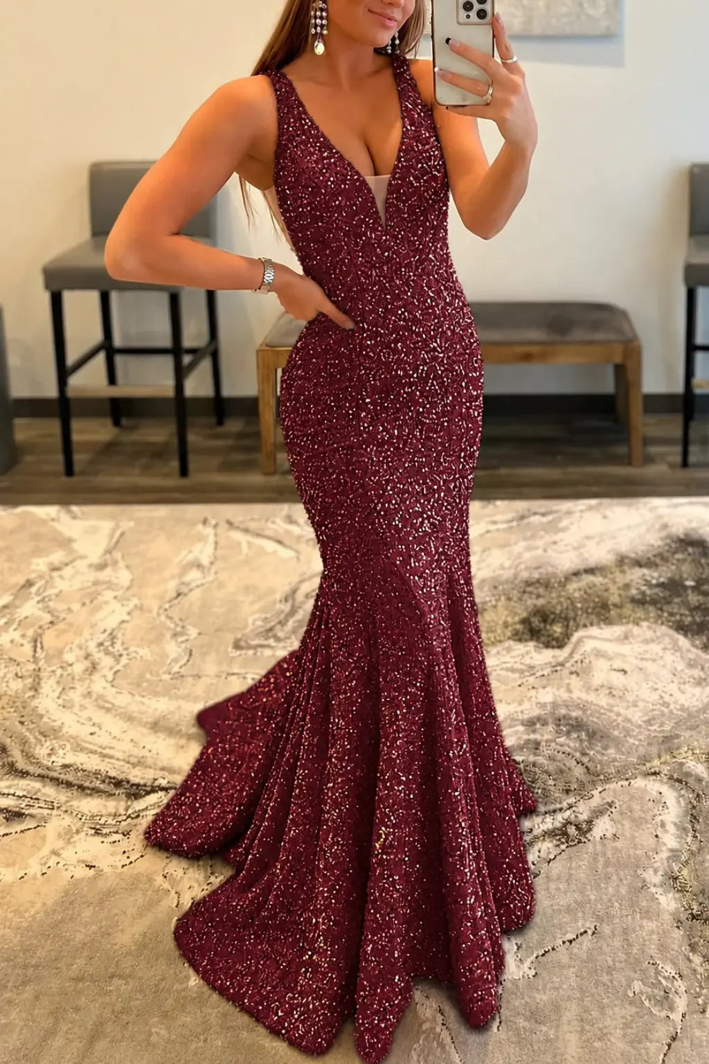 Sheath/Column Trumpet/Mermaid V Neck Sleeveless Velvet Sequins Sweep Train Prom Dress