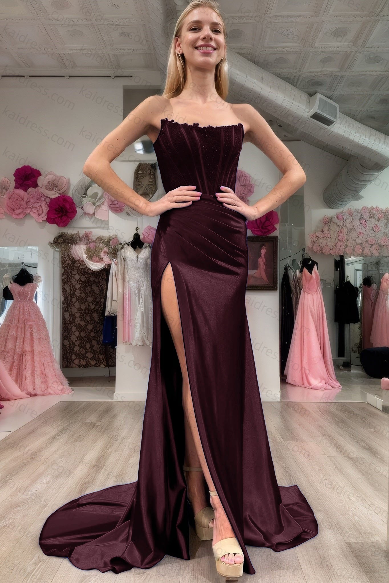 Sheath/Column Elastic Woven Satin Ruched Off-the-Shoulder Sleeveless Sweep/Brush Train Prom Dresses