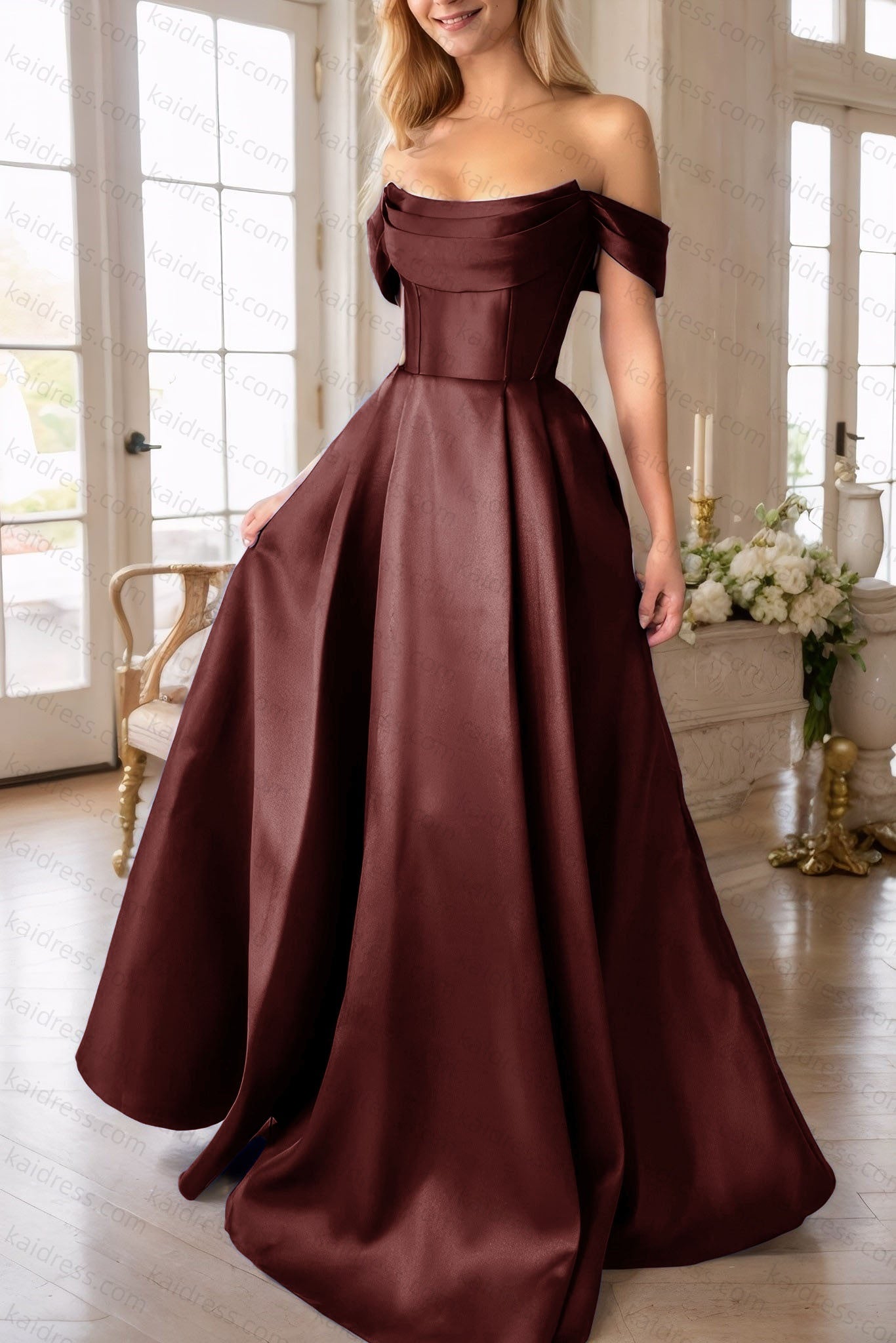A-Line Satin Long Prom Dress, Simple Off the Shoulder Evening Party Dress With Pockets