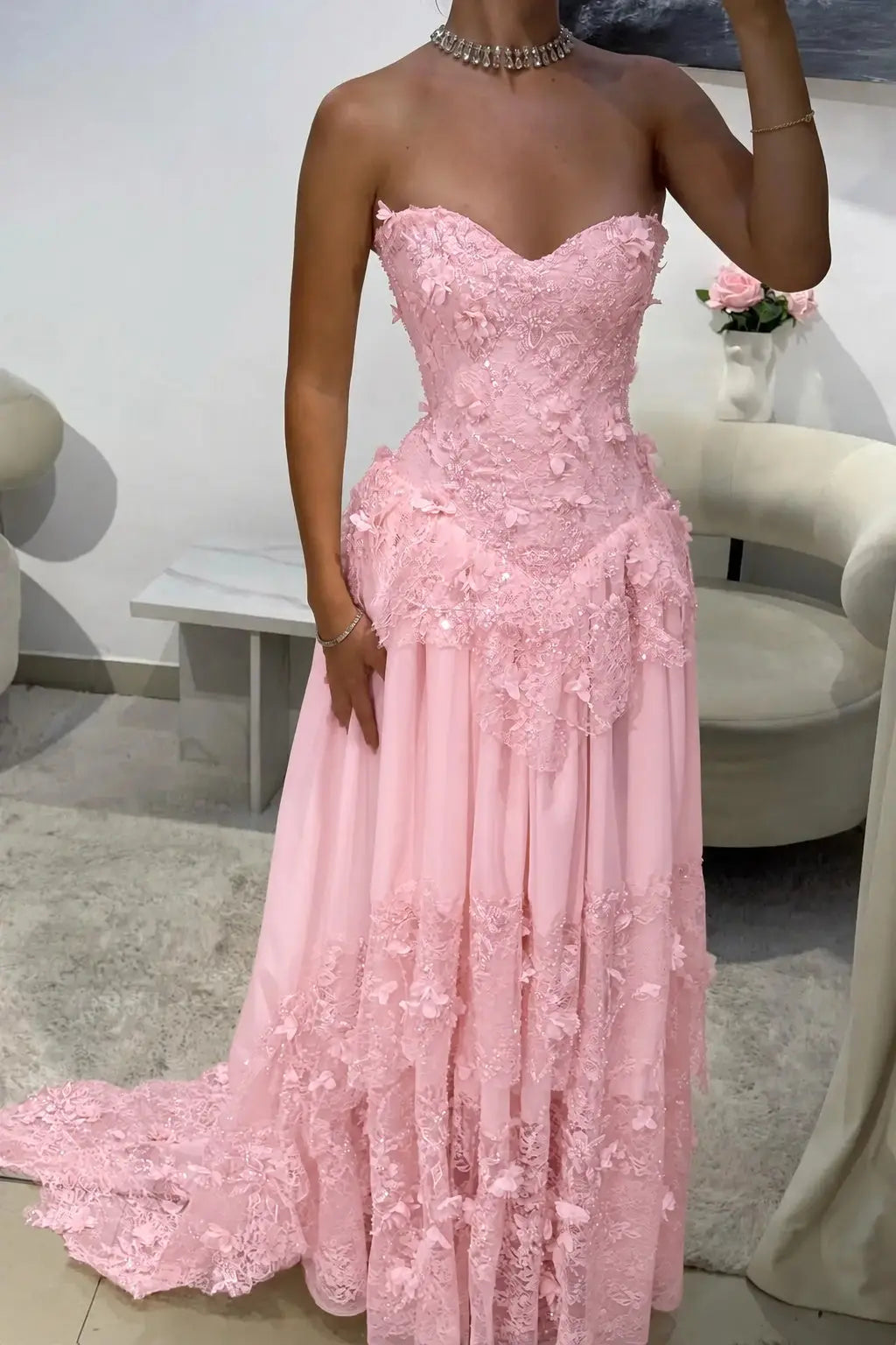 Dreamy Yellow 3D Floral Applique Sweetheart Corset Prom Dress