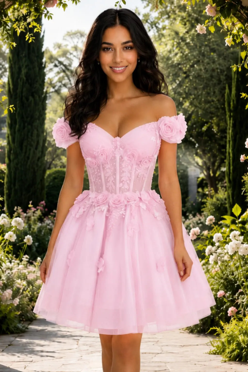 A-line Off-the-Shoulder Tulle Short/Mini Homecoming Dress with Appliqued Flowers Sequins KAIDRESS