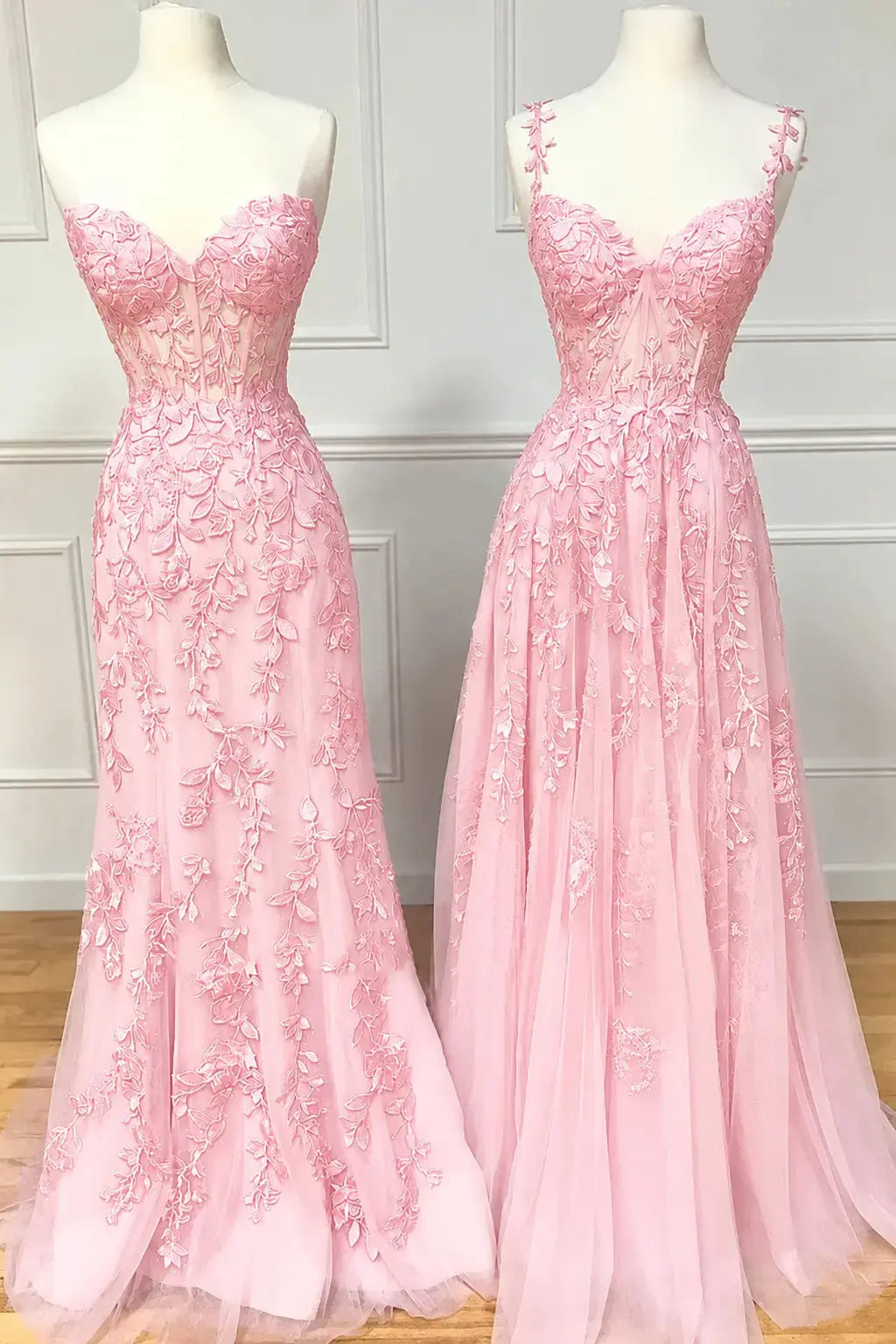 A-line Sweetheart Spaghetti Straps Sweep Train Lace Prom Dress With Beading Kaidress