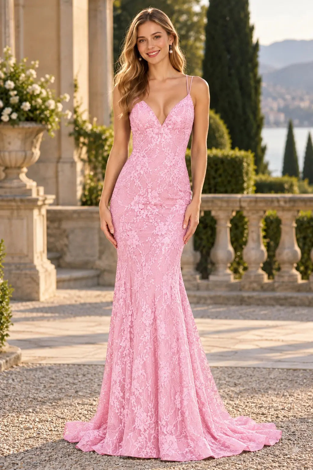 Mermaid V-neck Backless Sleeveless Lace Red Formal Prom Dresses Long Slit Evening Gowns