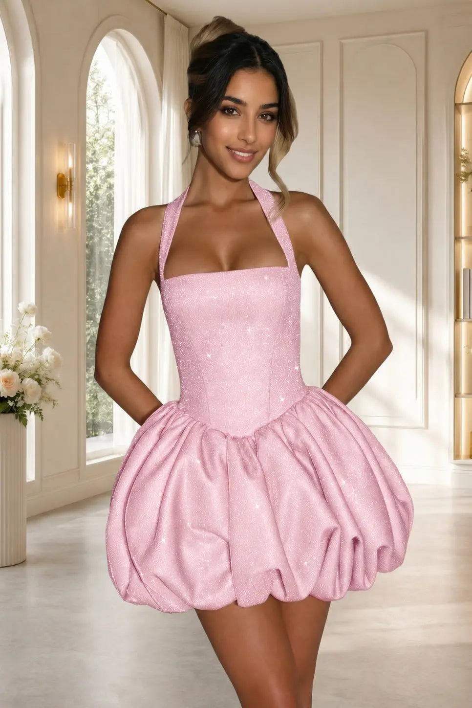 Silver Glitter Halter Corset Bubble-Hem Mini Homecoming Dress Backless KAIDRESS