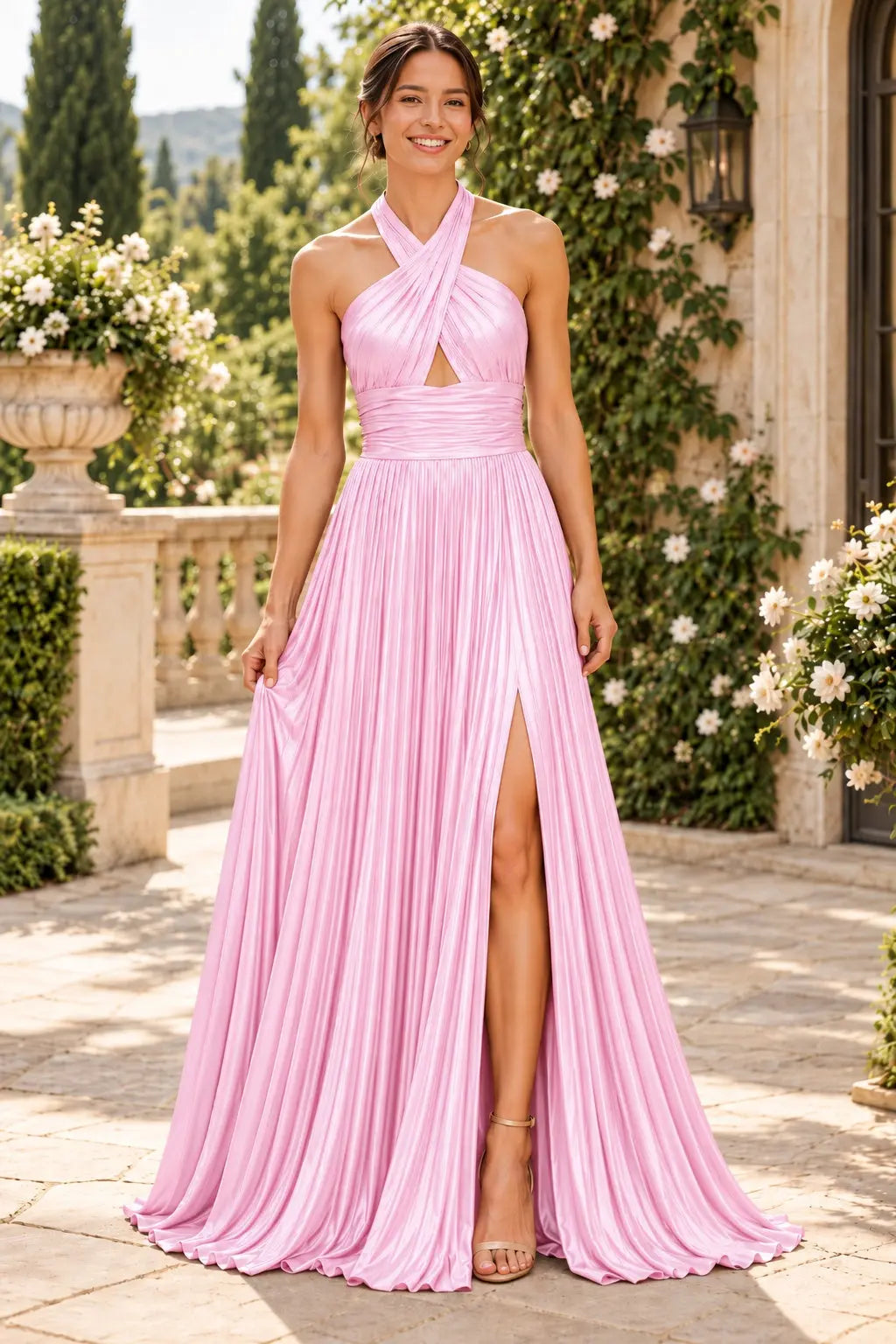 Glitter Green Halter Cut Out Backless Pleats Long Prom Dress with Slit