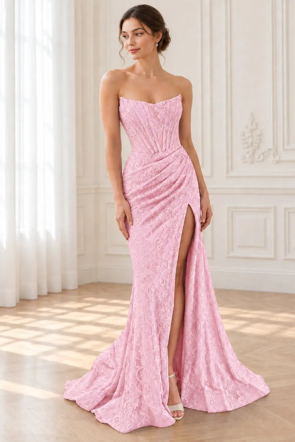 Sheath/Column Off the Shoulder Sleeveless Prom Dresses Long Lace Formal Evening Gowns