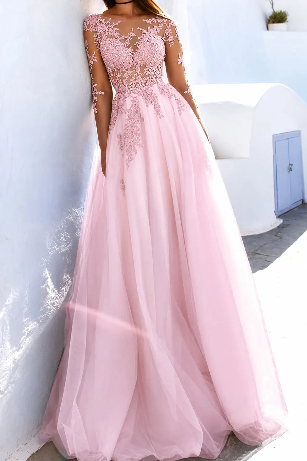 A-Line Scoop Long Sleeves Floor-Length With Applique Tulle Prom Dresses