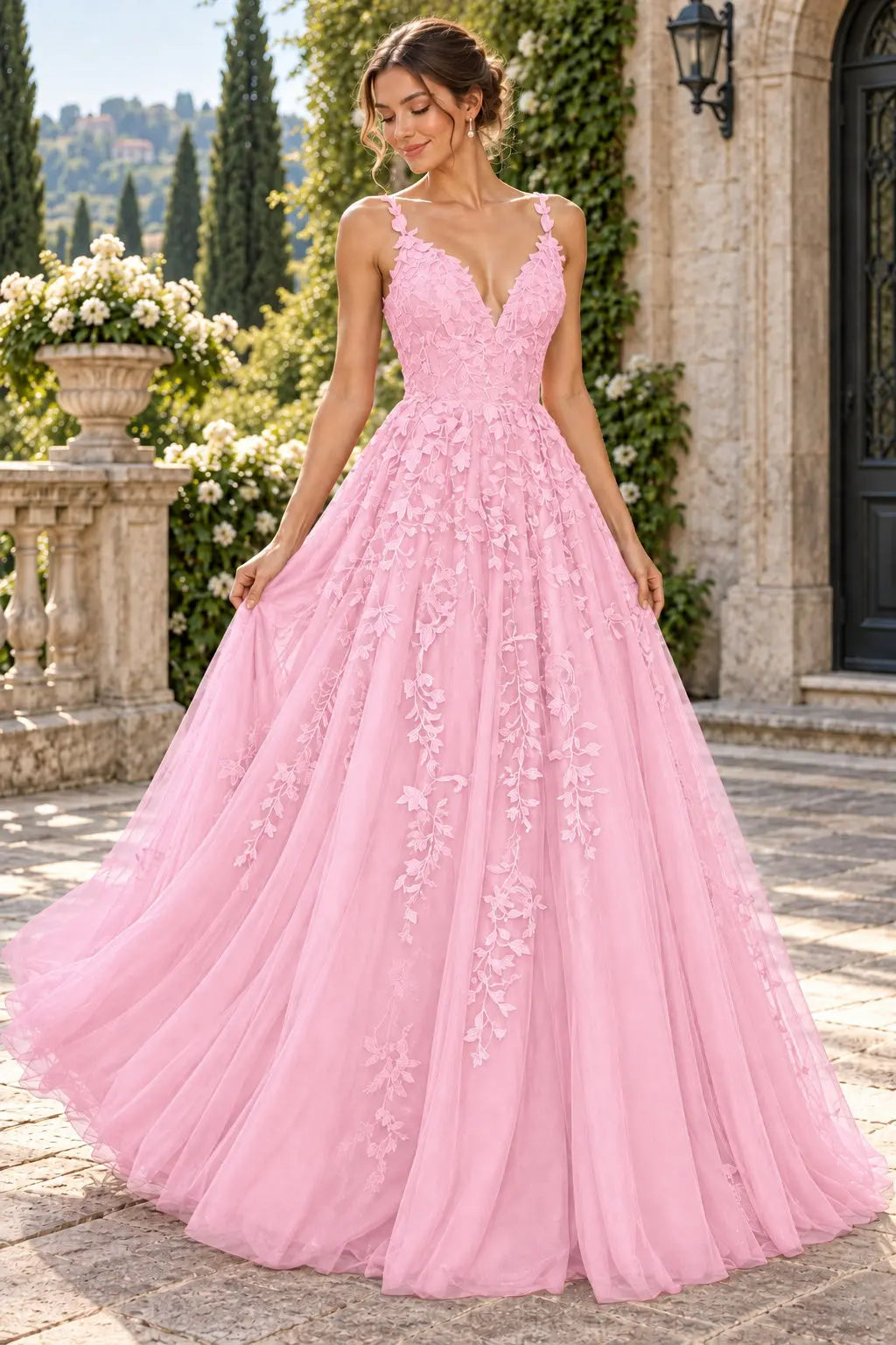 A-Line Lace Prom Dresses Long V Neck Sleeveless Formal Maxi Dress