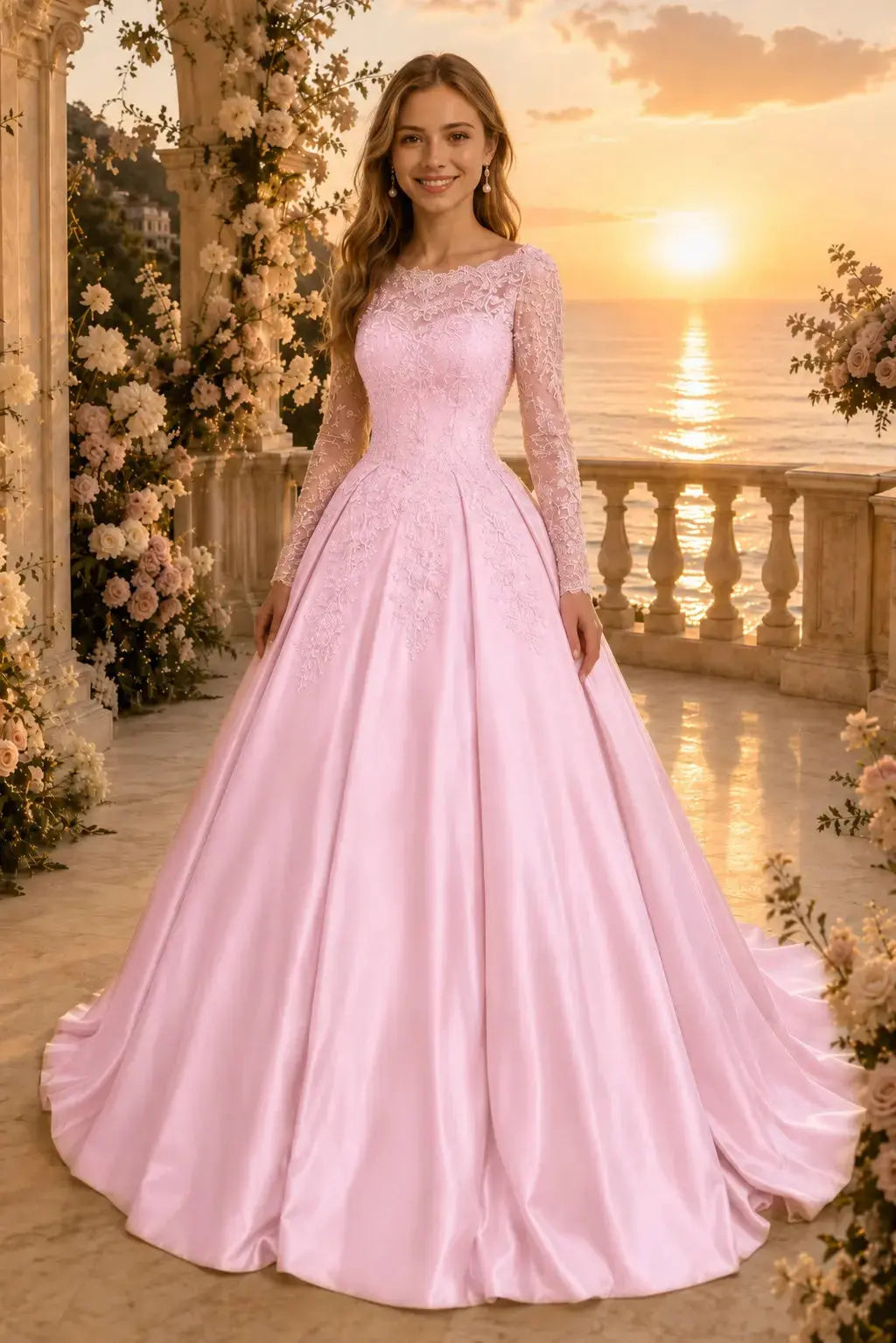 Ball Gown Long Sleeves Off-the-Shoulder Chapel Train Applique Satin Prom Dresses Kaidress