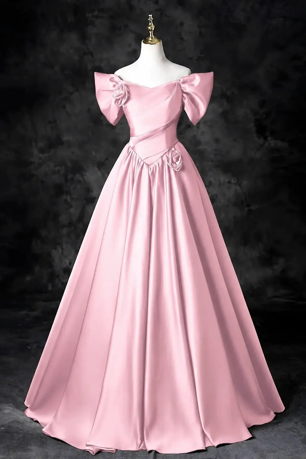 A-Line/Princess Satin Floor Length Formal Prom Dress, Off the Shoulder Prom Gown KAIDRESS