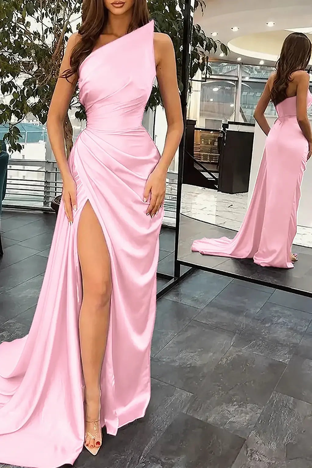 Trumpet/Mermaid Sleeveless Court Train Silk like Satin Prom Dresses with Ruffles Split KAIDRESS