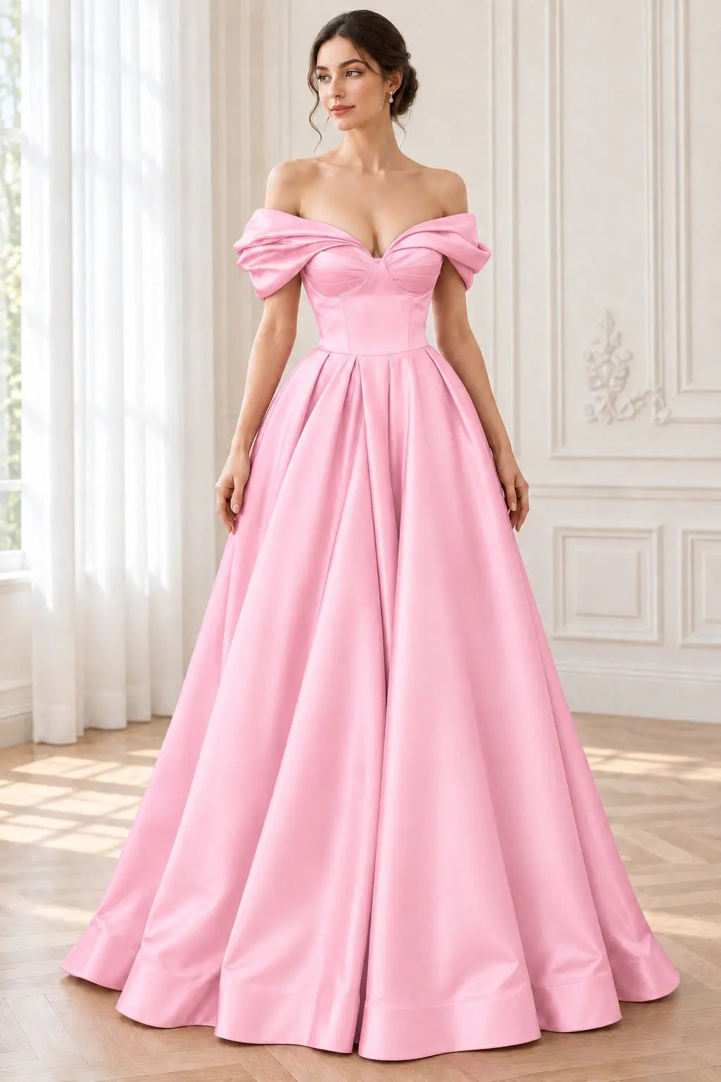 A-line Off-the-Shoulder Short Sleeve Satin Long/Floor-Length Prom Dresses With Ruffles Split