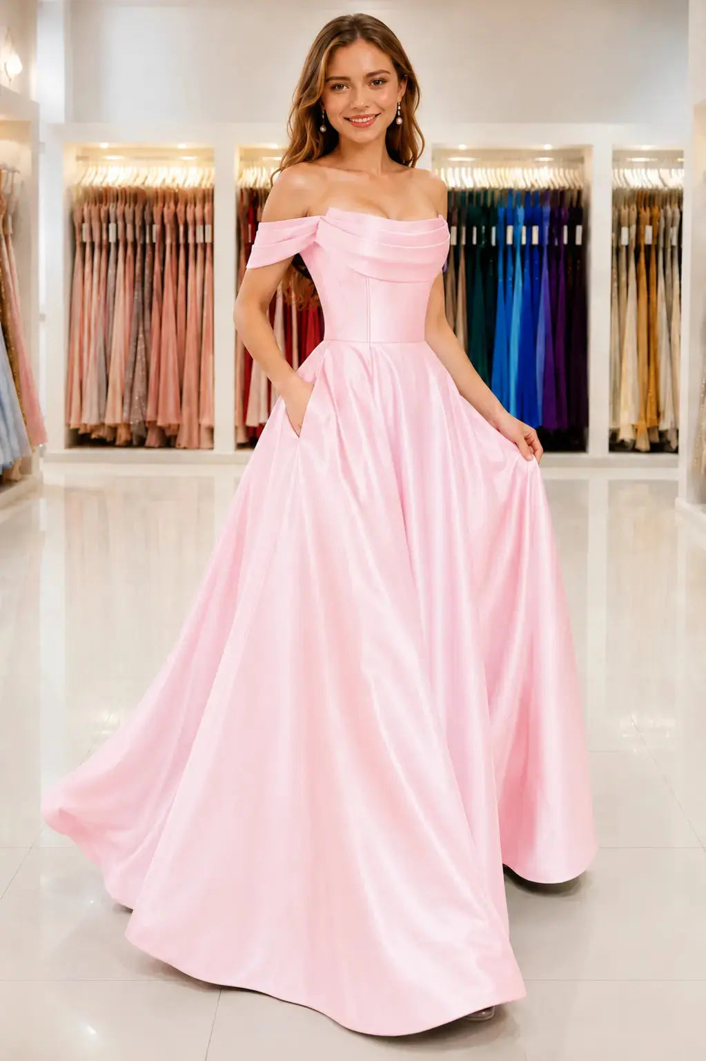 A-Line Satin Long Prom Dress, Simple Off the Shoulder Evening Party Dress With Pockets KAIDRESS