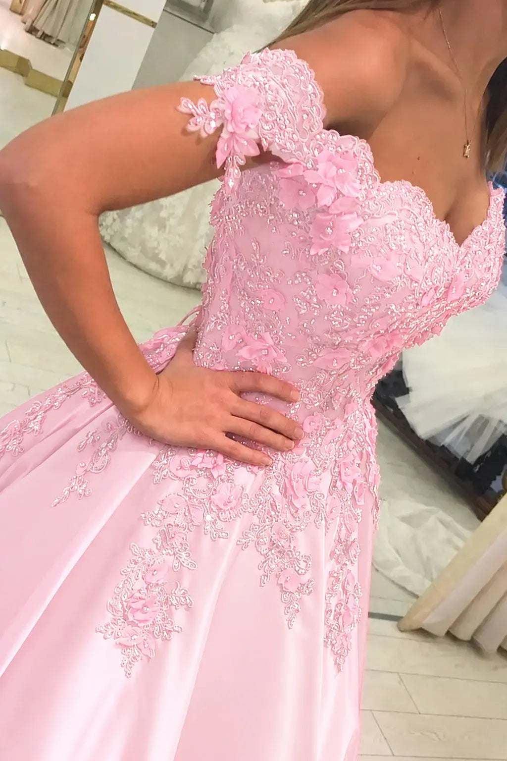 Appliqued Off-The-Shoulder Satin Princess Prom Dress With Beads