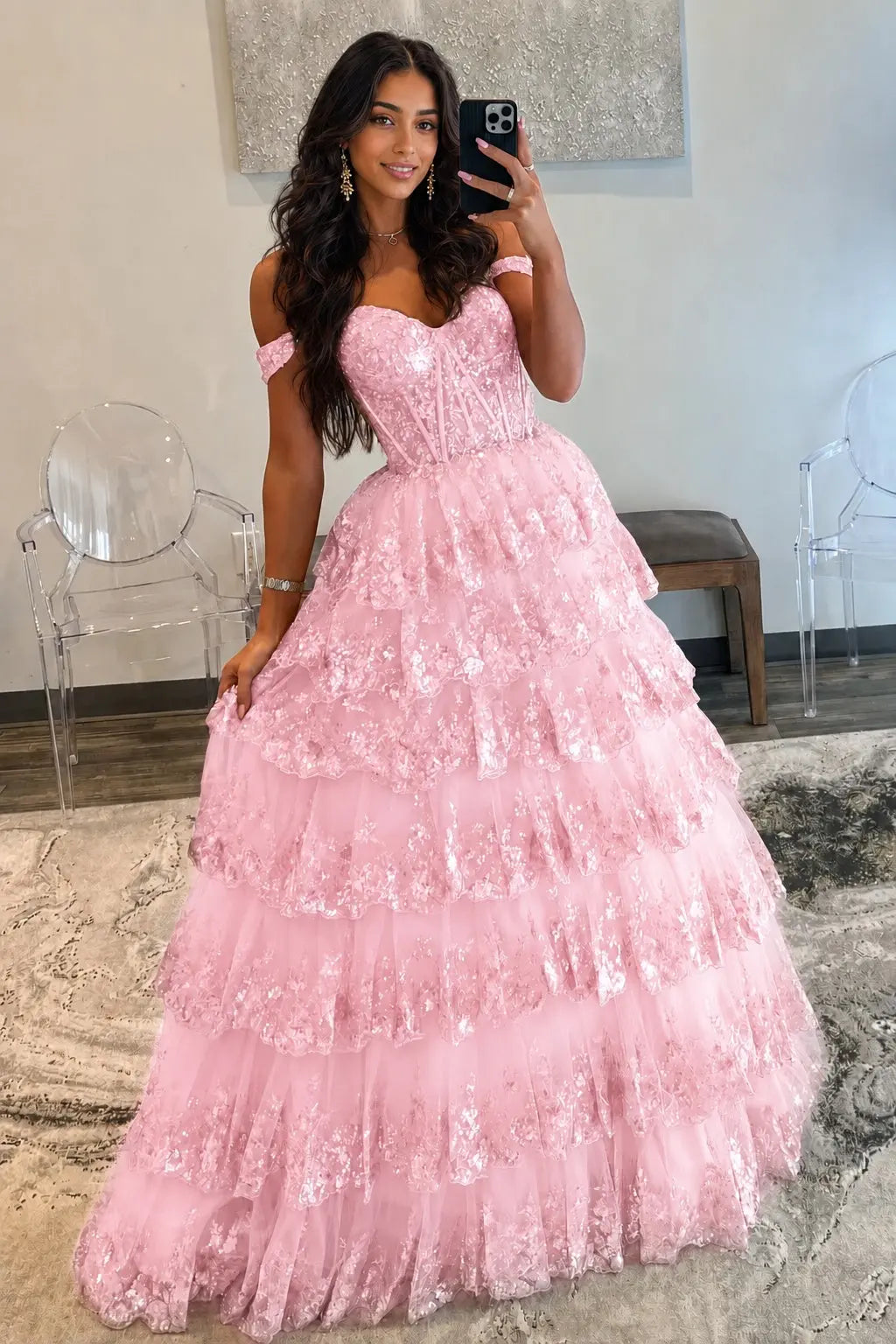 A-Line/Princess Princess Off the Shoulder Sequined Lace Prom Dress KAIDRESS