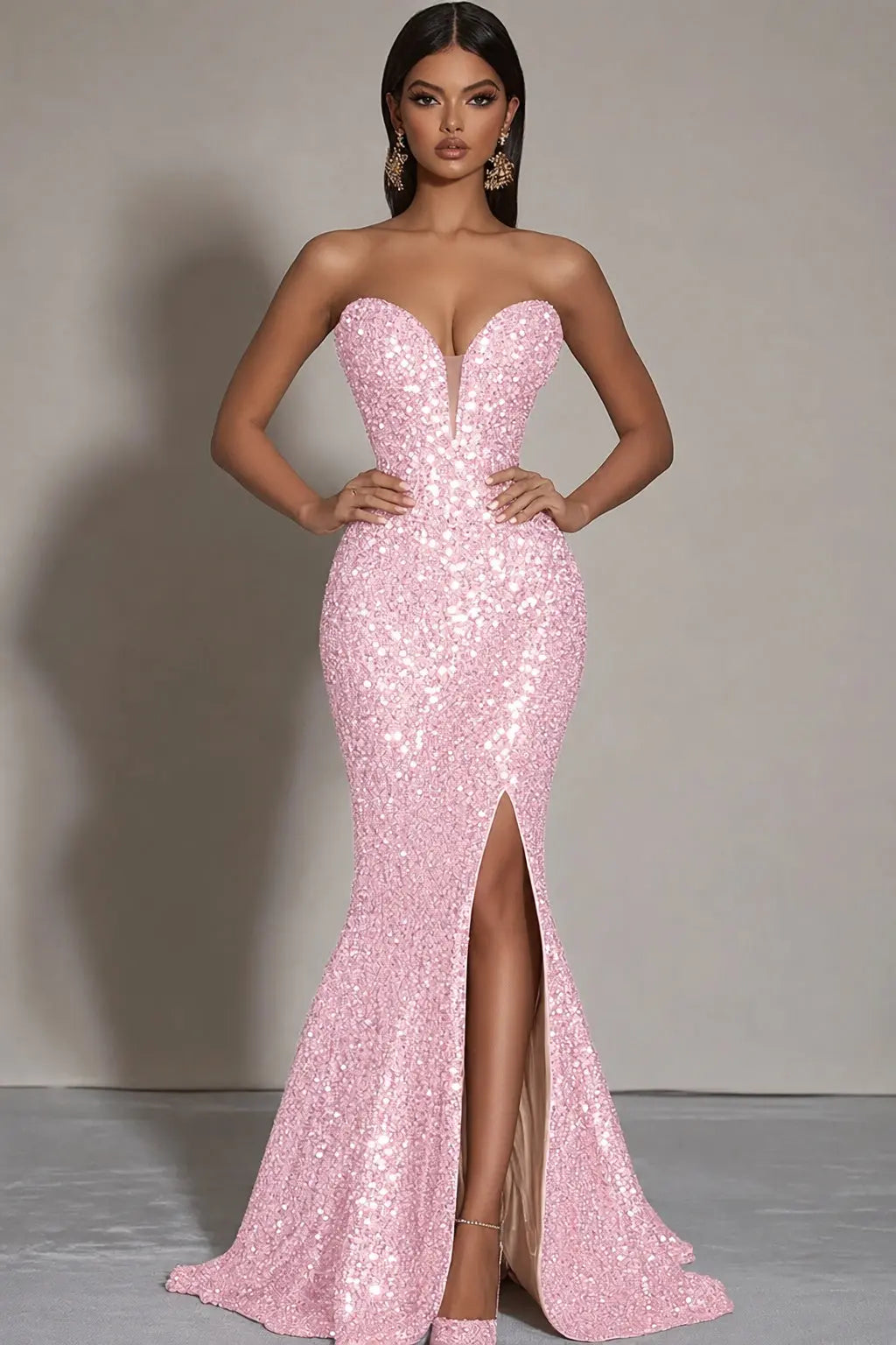 Sparkly Gold Sequins Mermaid Strapless Long Formal Dress with Slit Kaidress