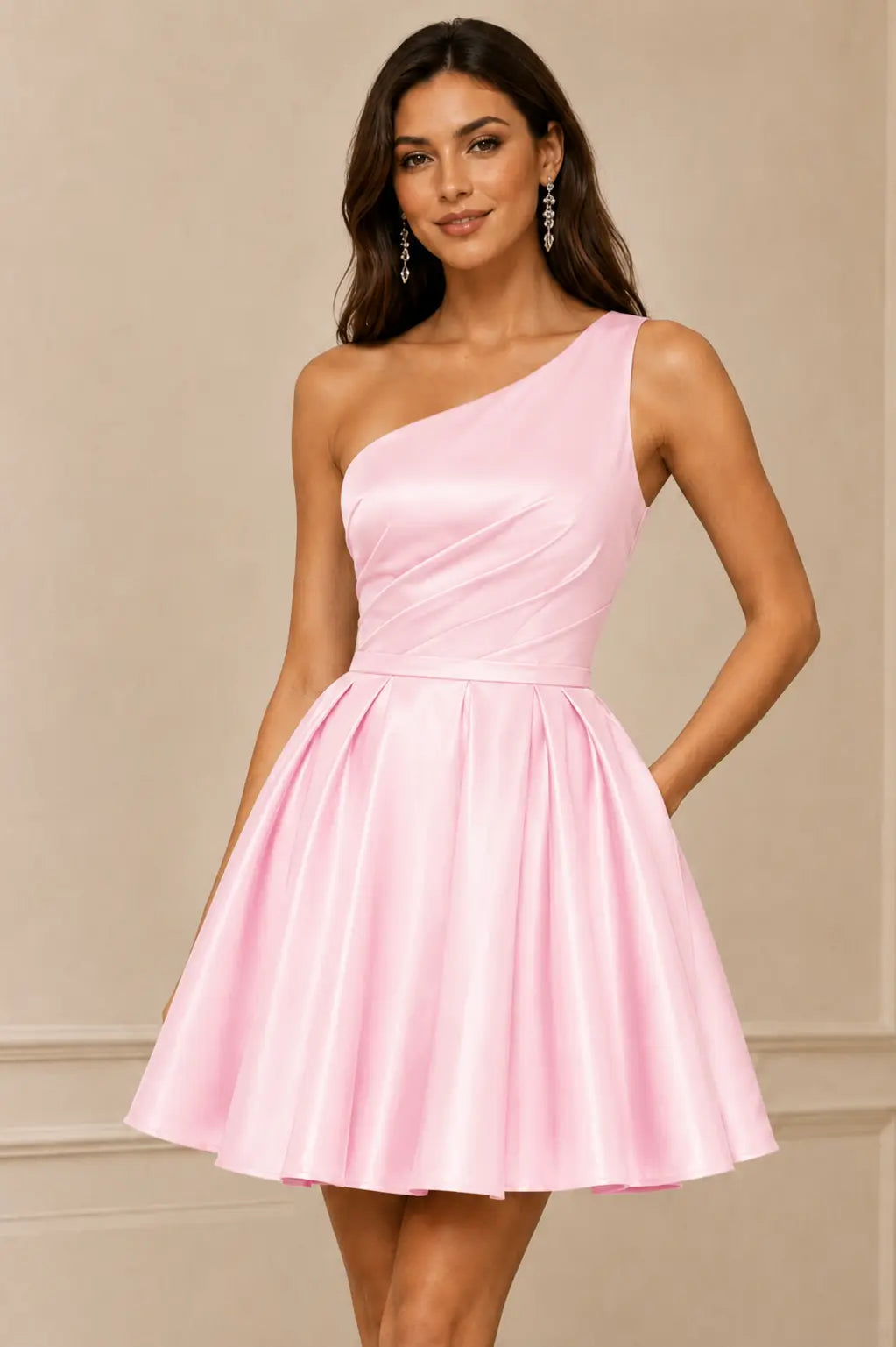 Green One Shoulder Satin Mini A Line Homecoming Dress With Pockets KAIDRESS