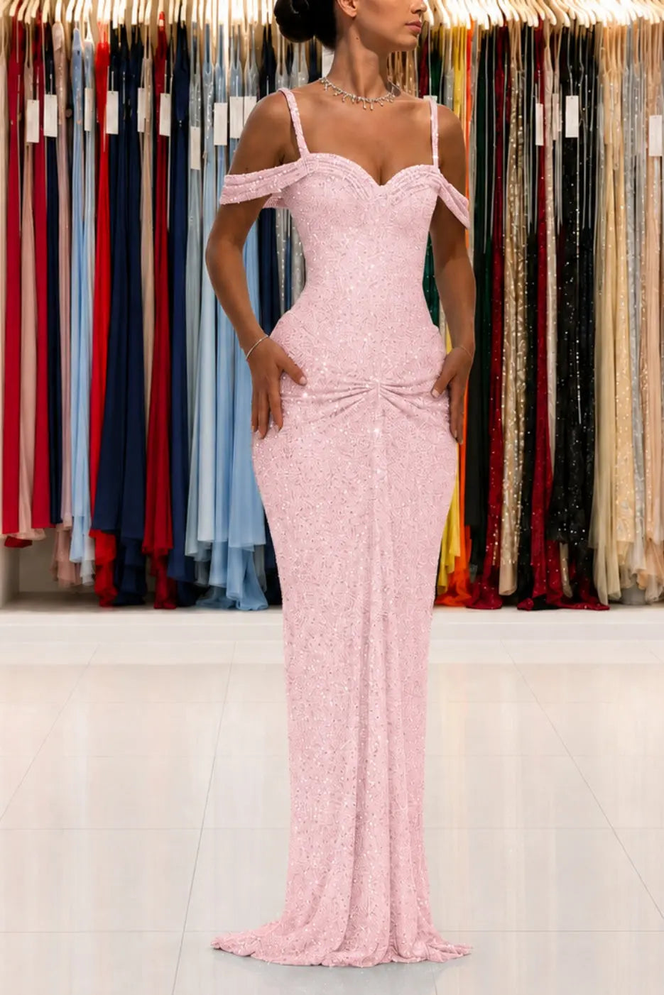 Luxury Sparkly Lace Off-Shoulder Long Beaded Prom Gown with Slender Straps KAIDRESS