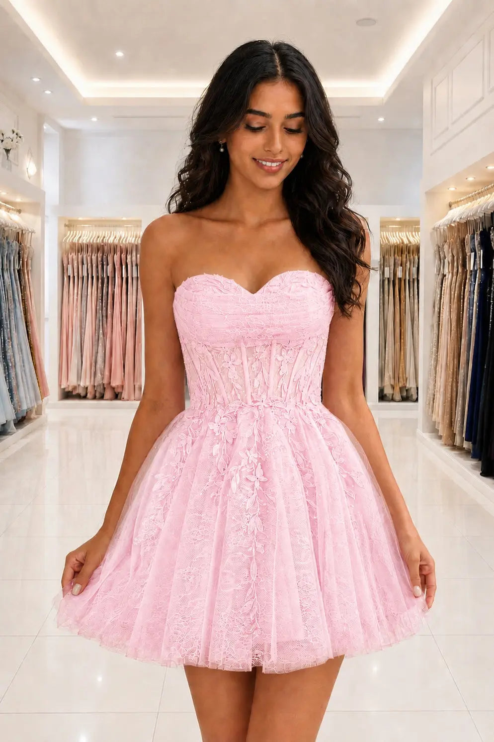 Strapless Beaded Lace Corset A-Line Mini Homecoming Dress KAIDRESS