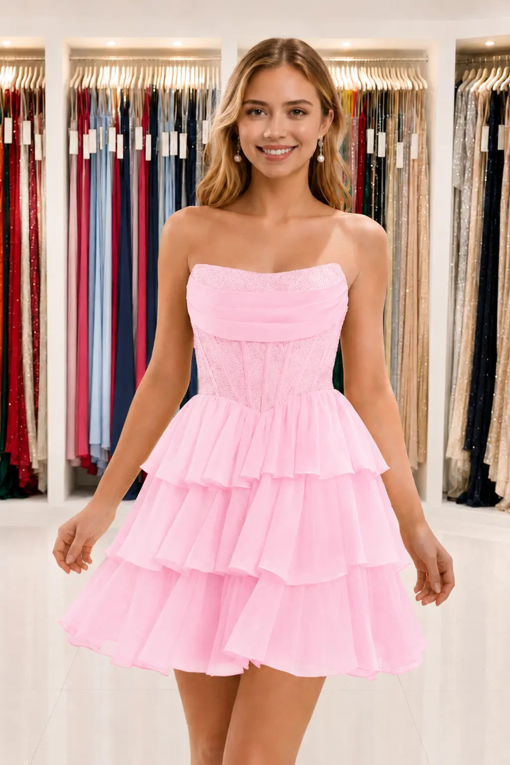Daffodil Strapless Corset Tiered Ruffle Mini Homecoming Dress With Beading KAIDRESS
