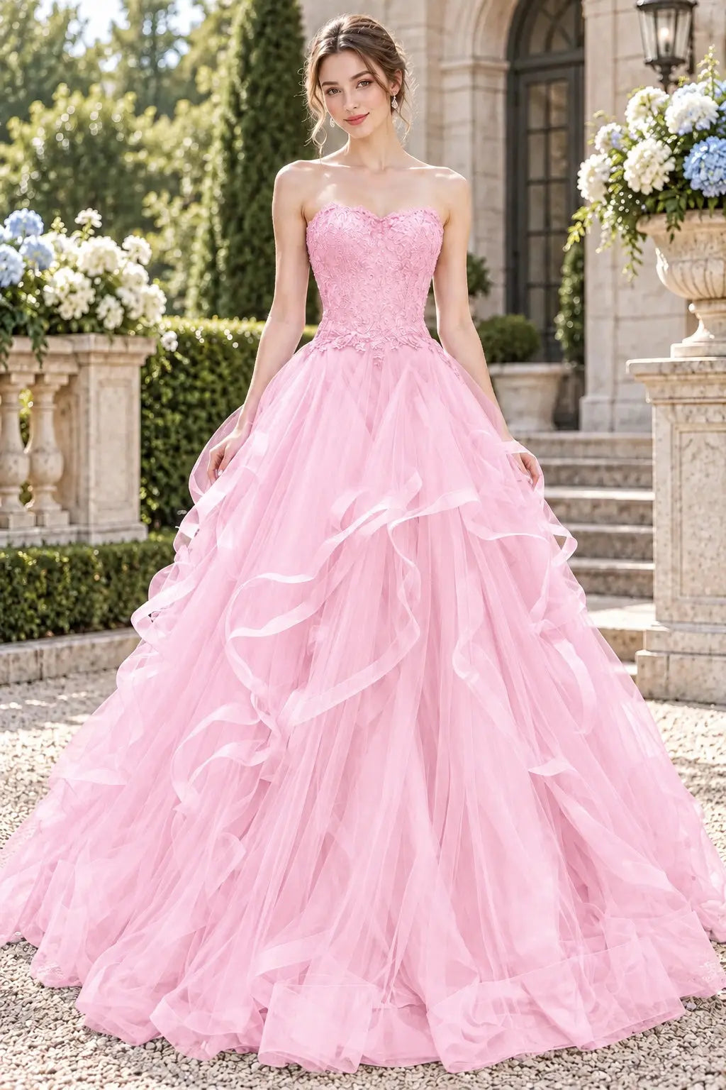 Blue Tulle Lace Long Prom Dresses Princess Layered Formal Evening Gowns
