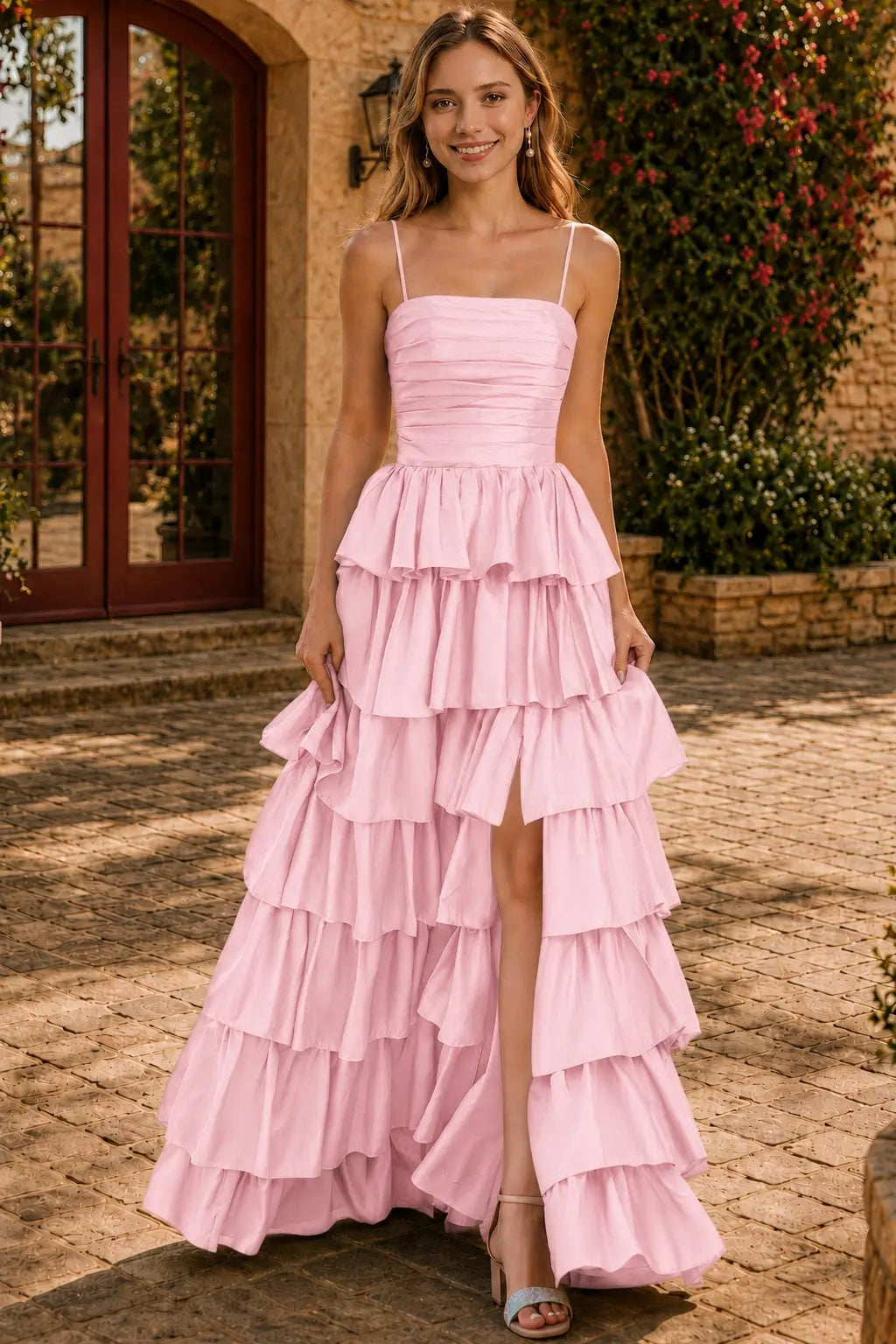 A-line Square Neckline Spaghetti Straps Floor-Length Taffeta Prom Dress with Ruffles Slit KAIDRESS