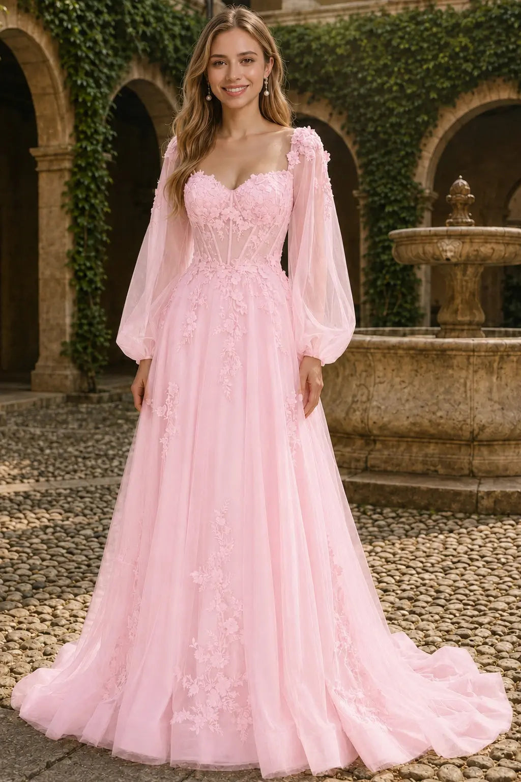 A-line 3D Floral Lace Applique Tulle Long Sleeves Prom Dress