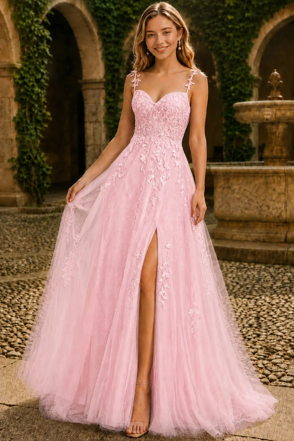 A-line V Neck Sweep Spaghetti Straps Train Tulle Prom Dress with Appliqued Beading