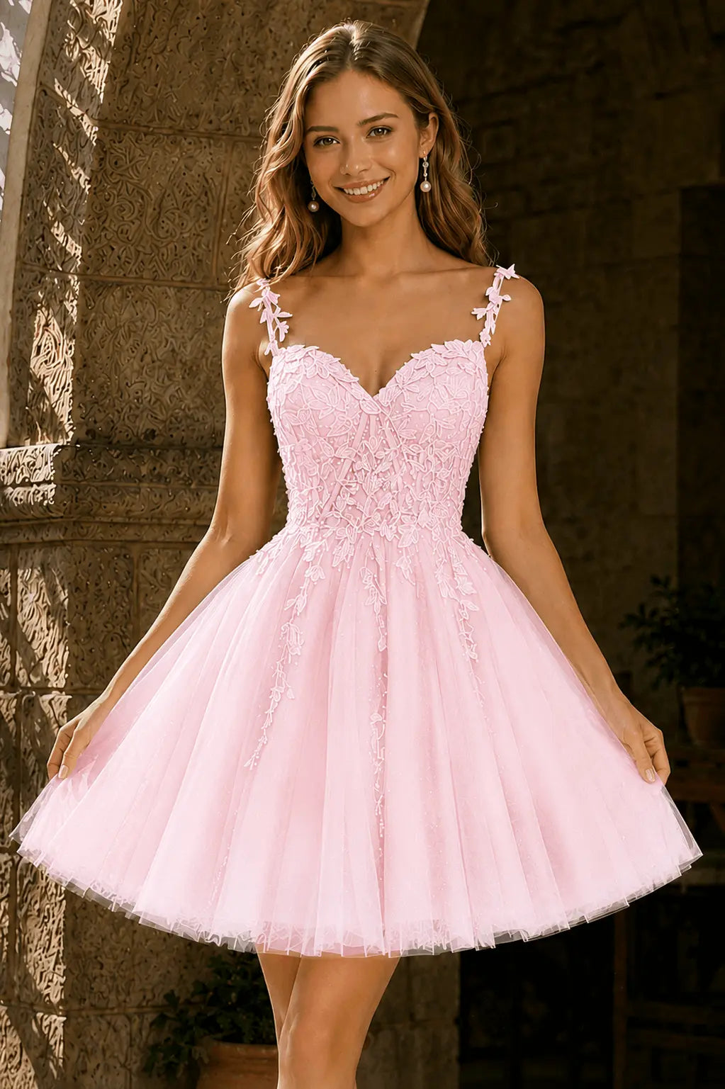 A-line V Neck Short/Mini Tulle Lace Homecoming Dress