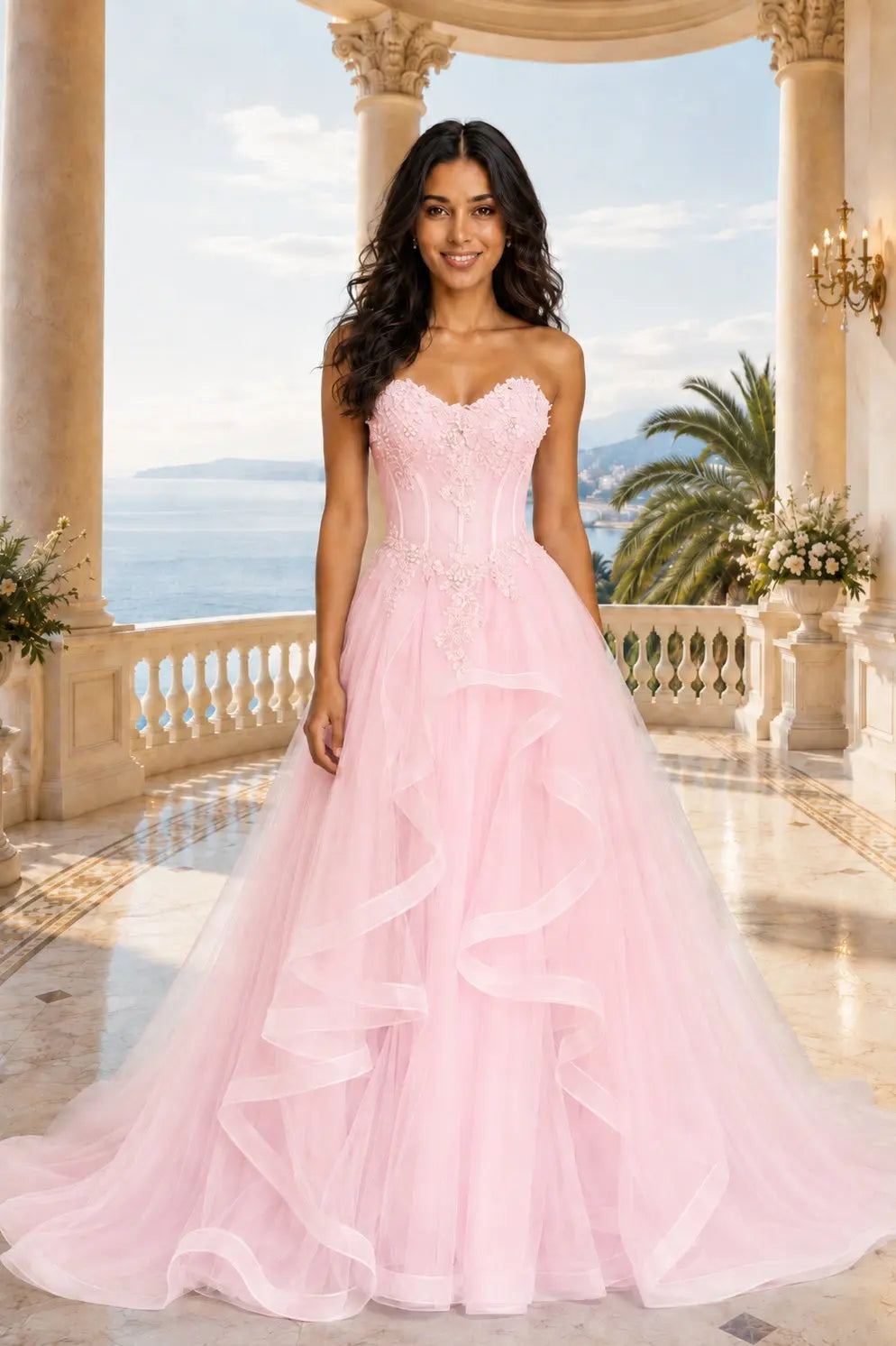 A-line/Princess Sweetheart Sleeveless Sweep Train Tulle Prom Dresses With Beading Appliqued KAIDRESS