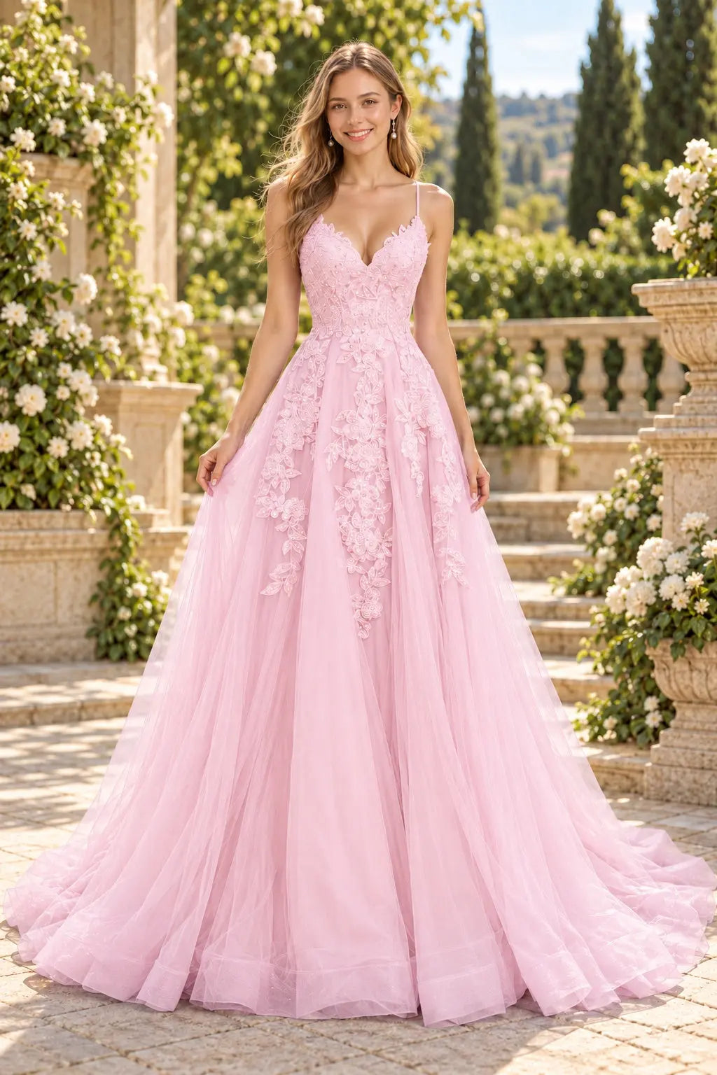 A-line V Neck Spaghetti Straps Sweep Train Tulle Prom Dress With Appliqued